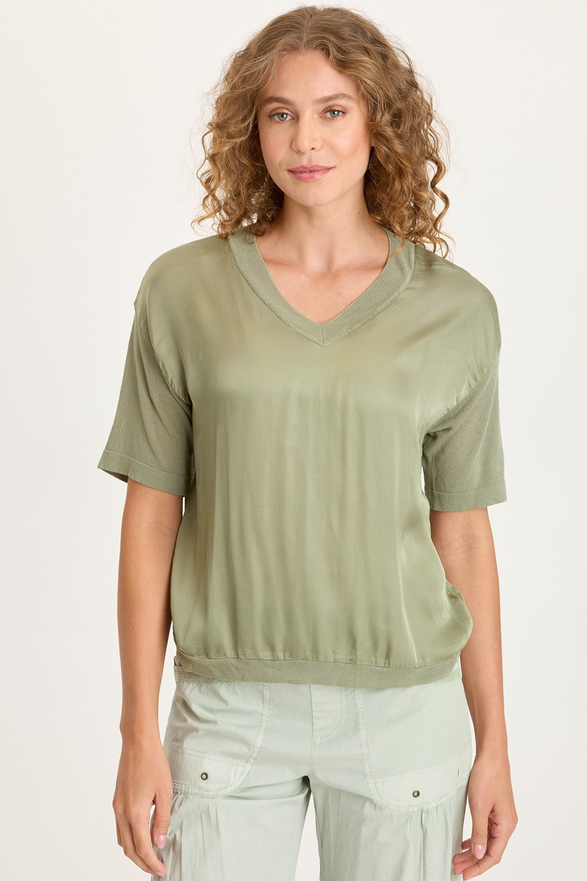 XCVI Lottie Satin/Knit Short Sleeve V-Neck Top