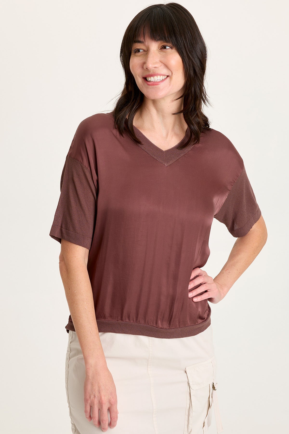 XCVI Lottie Satin/Knit Short Sleeve V-Neck Top