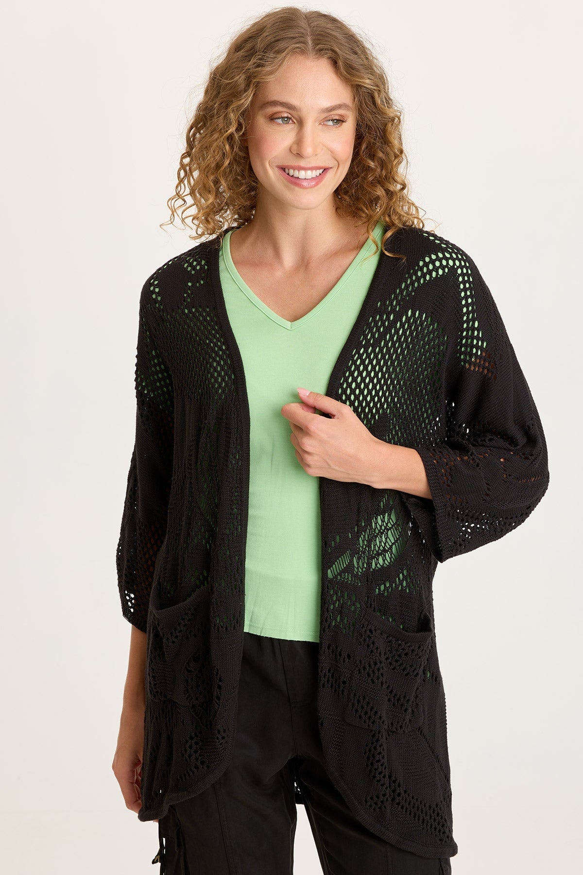 XCVI Redford Cotton Knit Mesh-Like Rounded Hem 3/4 Sleeve Cardigan