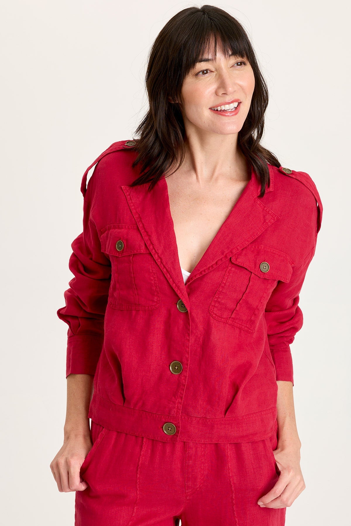 XCVI Linen Exaggerated Collar Pleated Jacket with Brass Hardware
