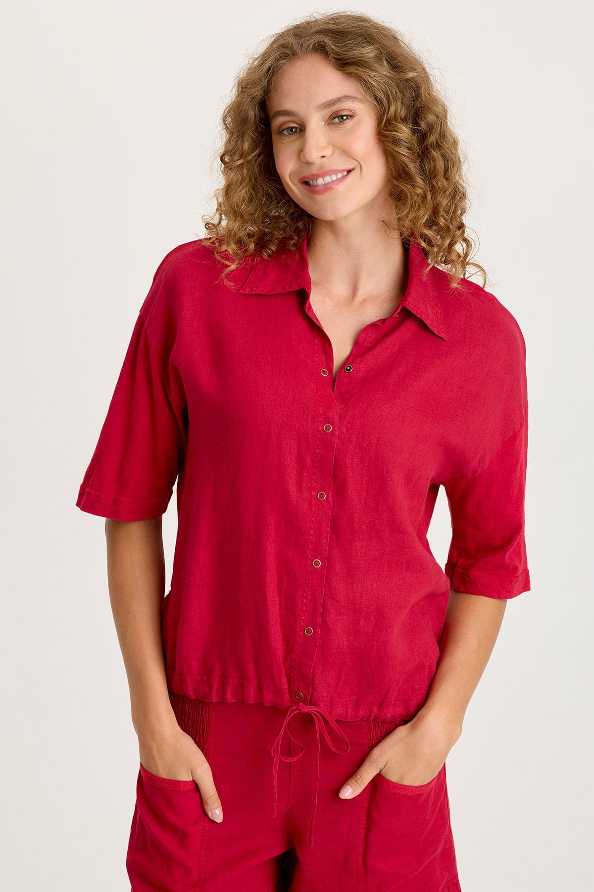 XCVI Balto Linen Snap-Up Top with Cinched Hem and Long Short Sleeves
