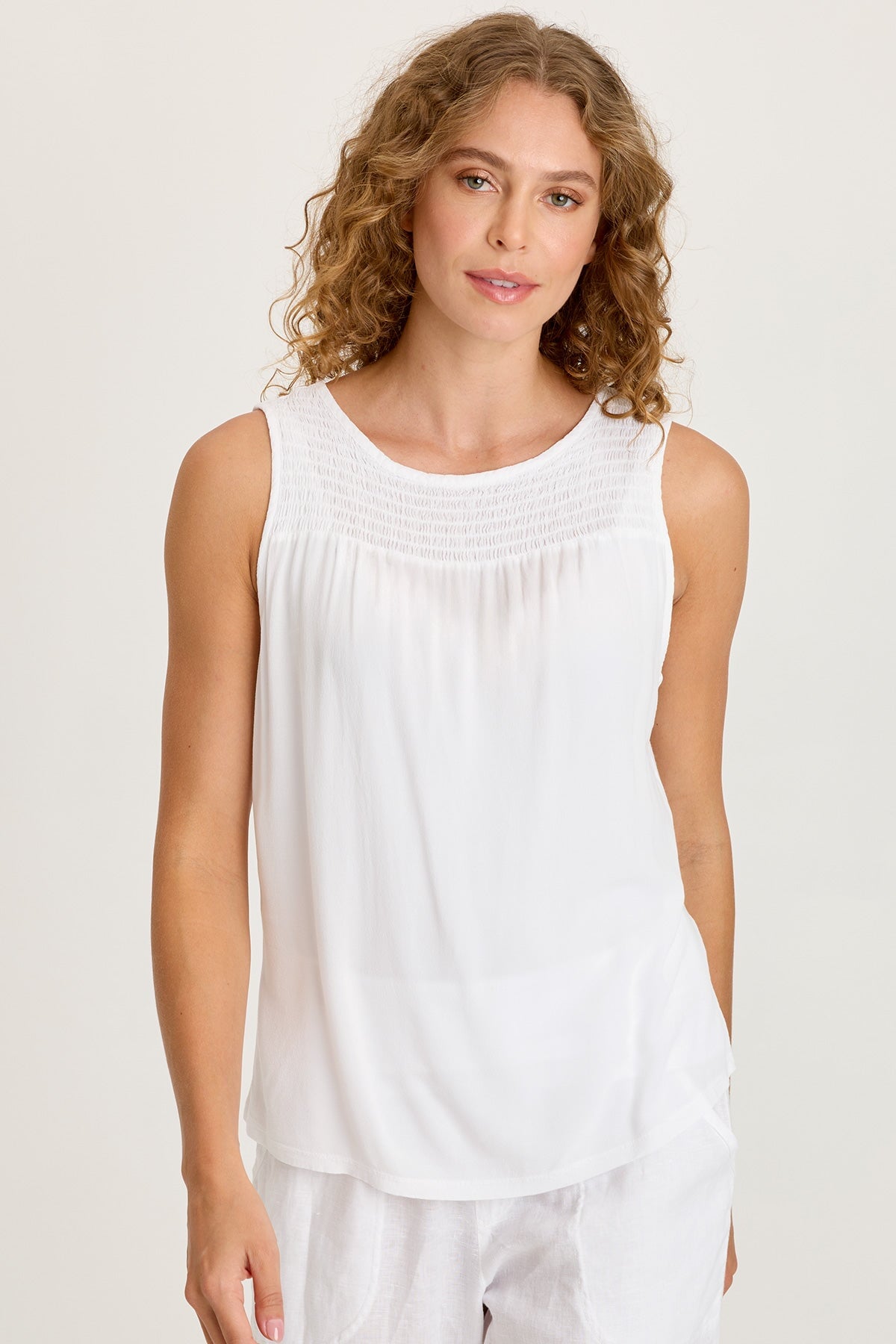 XCVI Timo Crepe Smocked Neckline Sleeveless Top