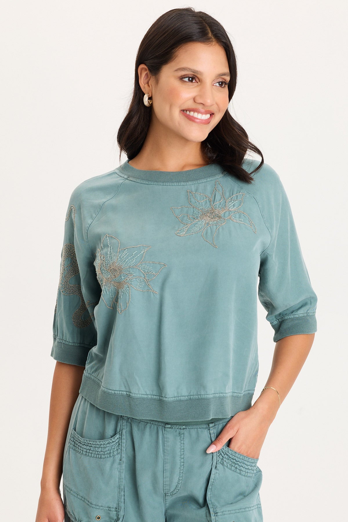 XCVI Linton Embroidered Twill/Rib Snap-Up Back Top