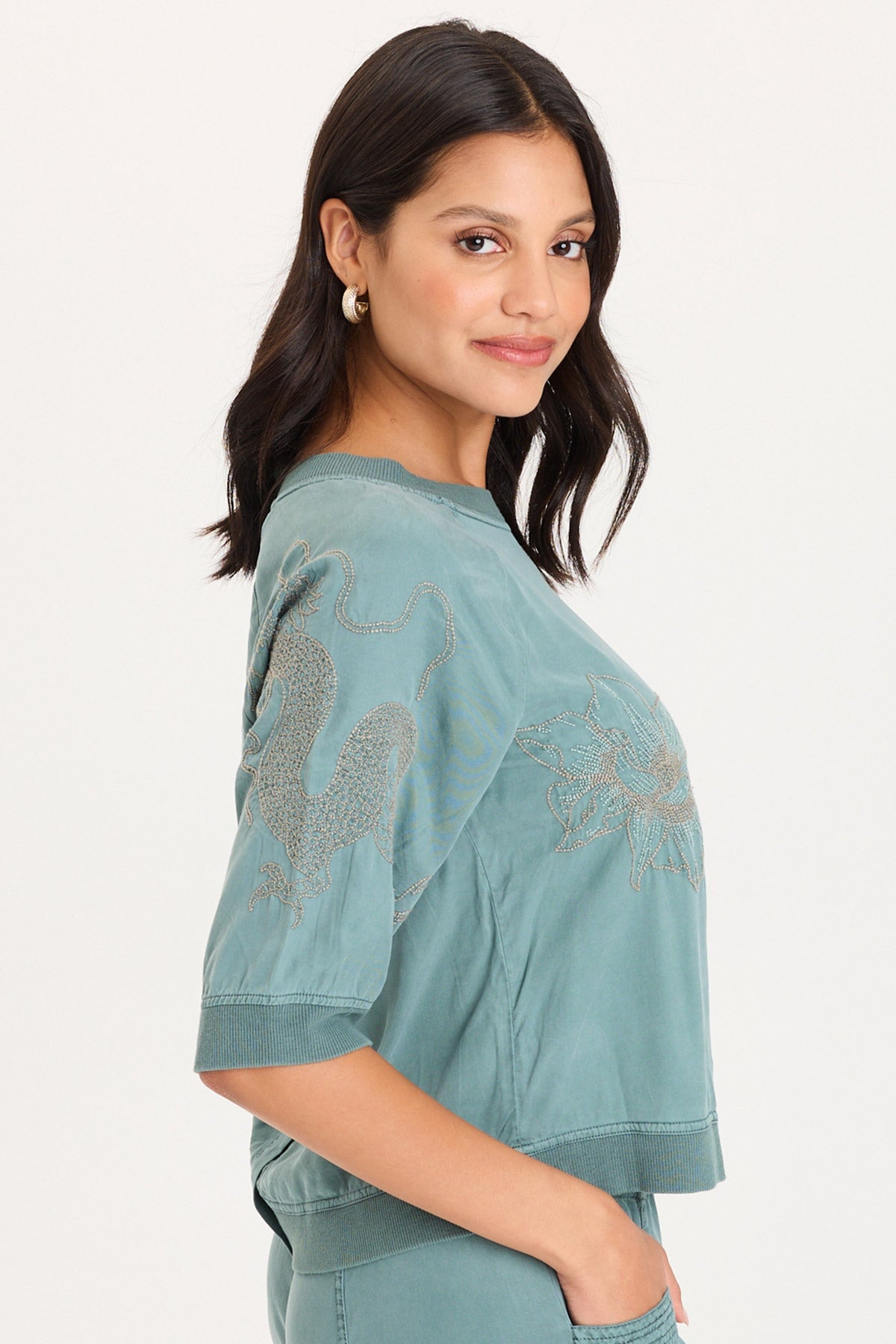 XCVI Linton Embroidered Twill/Rib Snap-Up Back Top