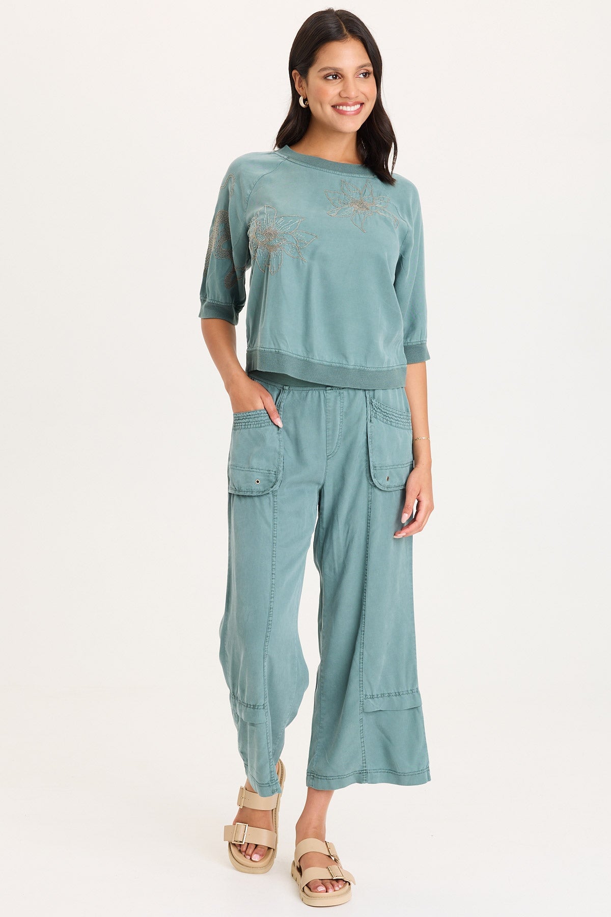 XCVI Linton Embroidered Twill/Rib Snap-Up Back Top