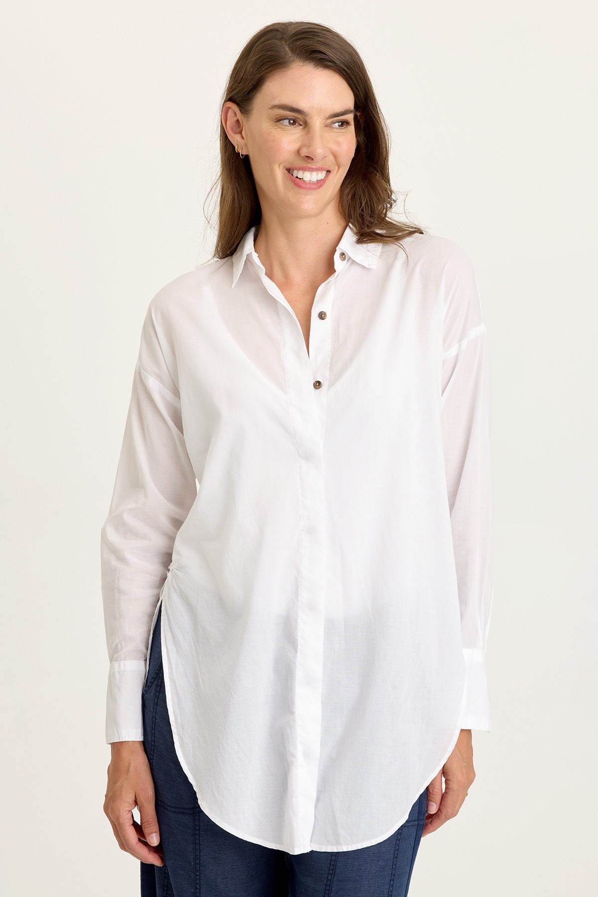 Wearables Ellard Cotton Voile High-Low Side-Slit Button-Up Blouse