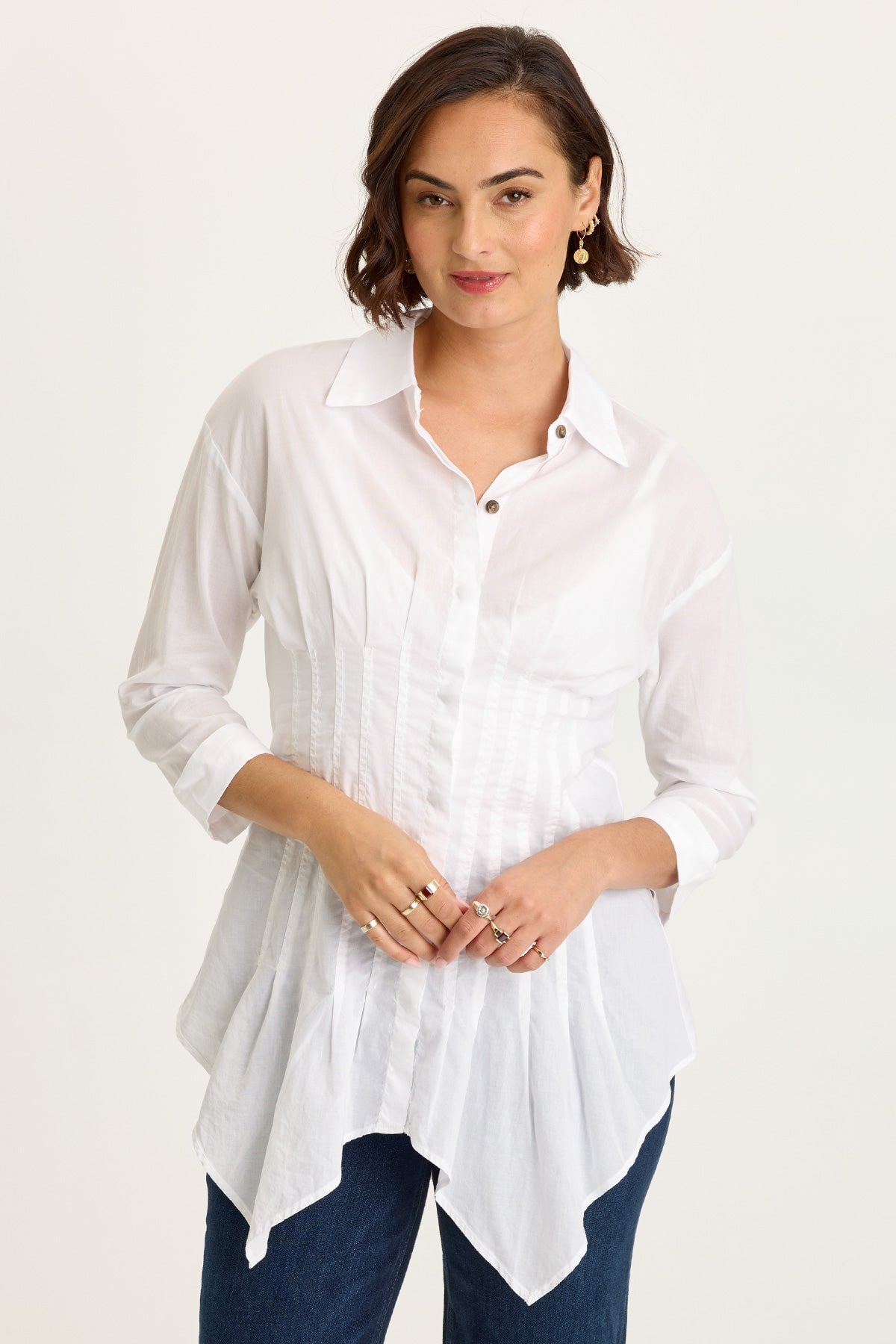 Wearables Ashlan Cotton Voile Pleated Waist Sharkbite Hem Button