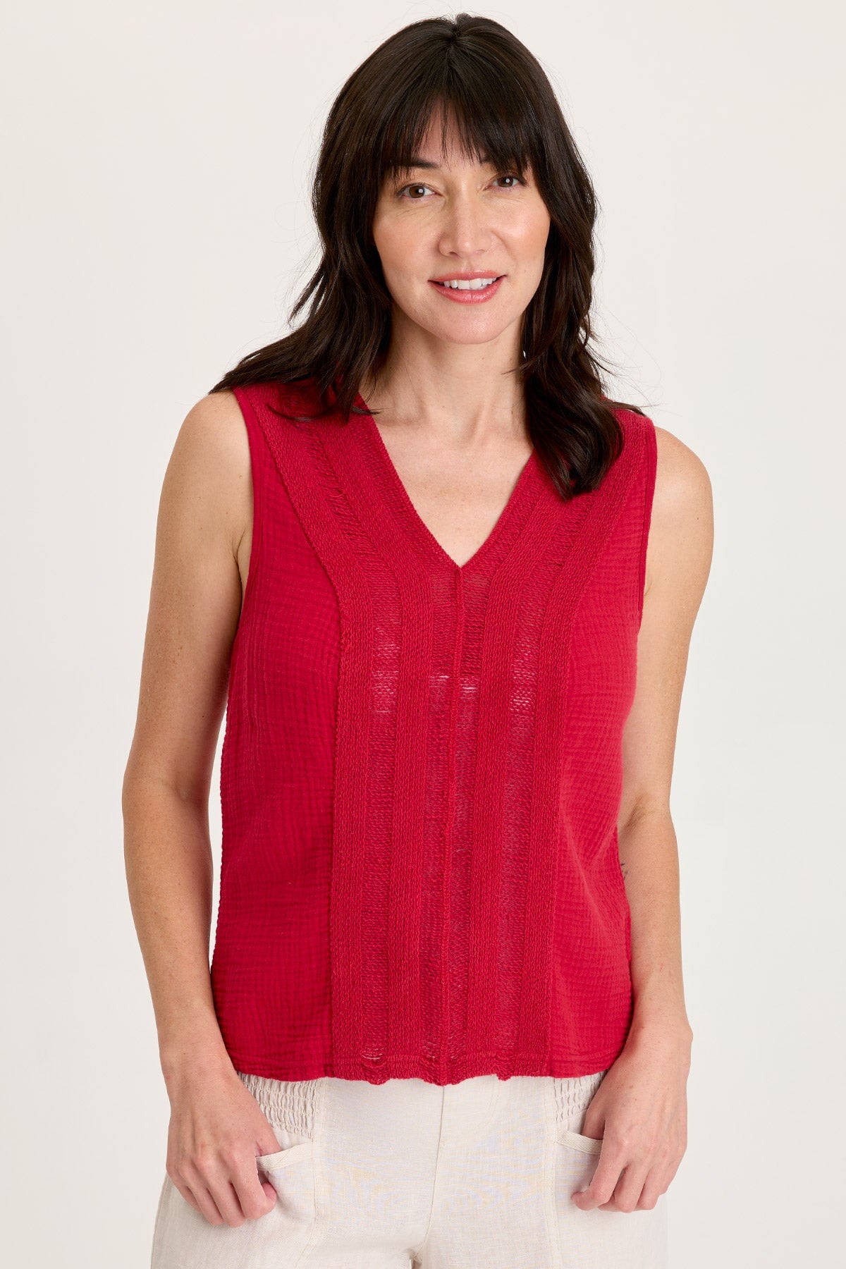 XCVI Reid Gauze V-Neck Sleeveless Top with Crochet Front Trim