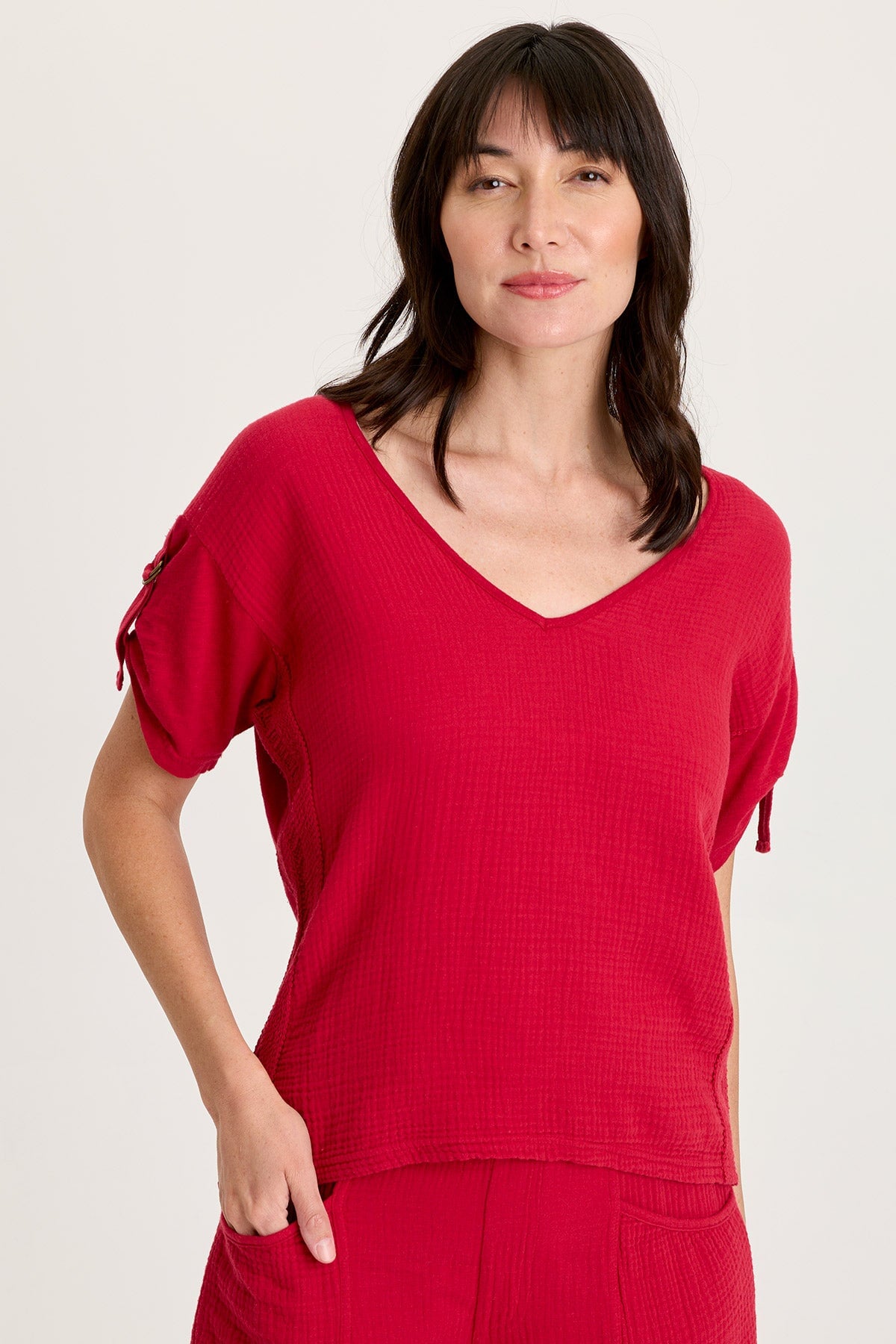 XCVI Milani Gauze Lace Trim V-Neck Top