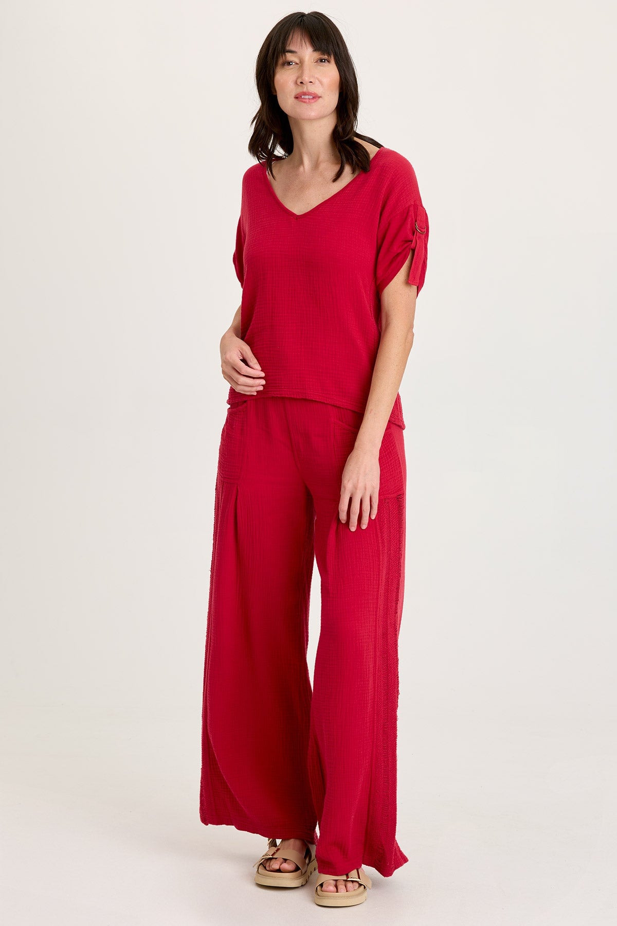 XCVI Milani Gauze Lace Trim V-Neck Top