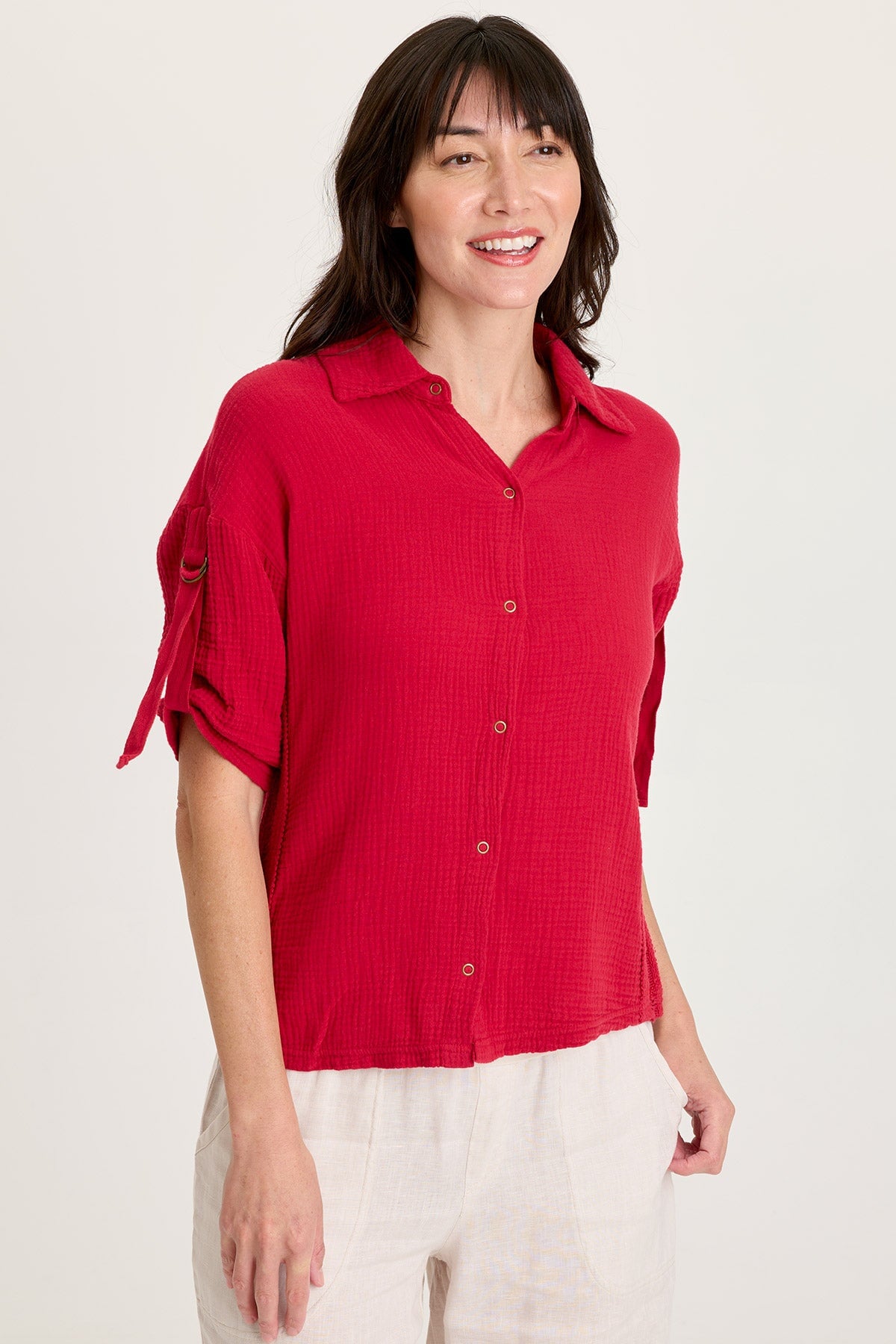 XCVI Kaleo Gauze Ladder Lace Trim Snap-Up Tabbed Sleeve Top