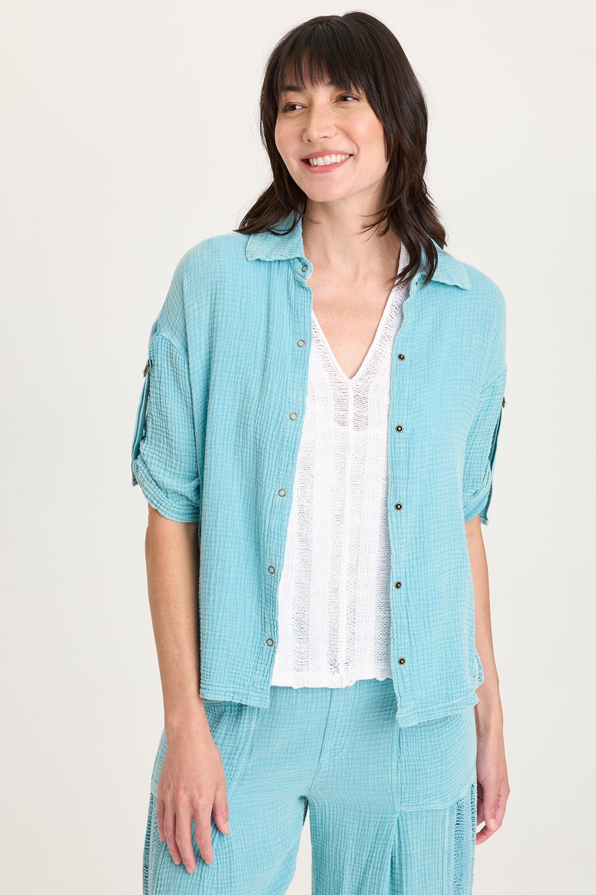 XCVI Kaleo Gauze Lace Trim Snap-Up Top