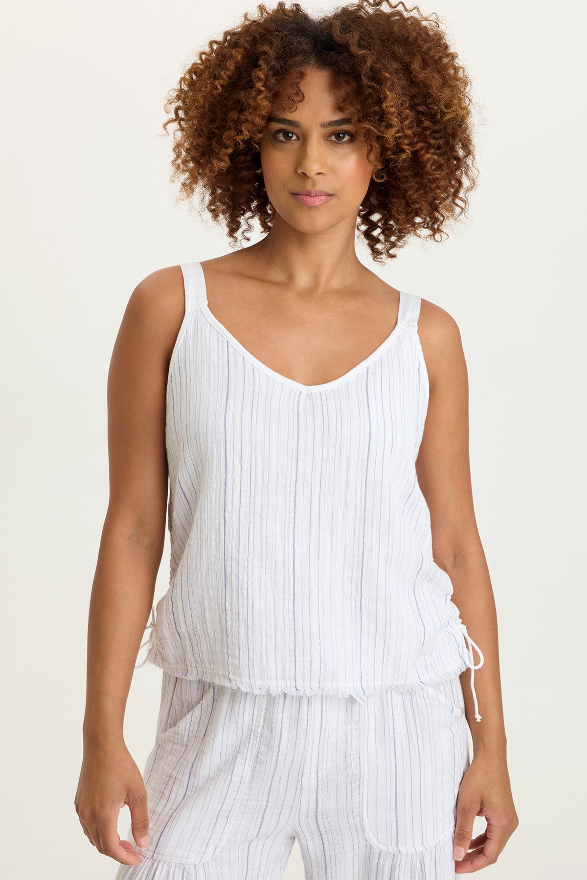 Grethel Indigo Stripe Gauze Cinchable Side Seam Strappy Tank