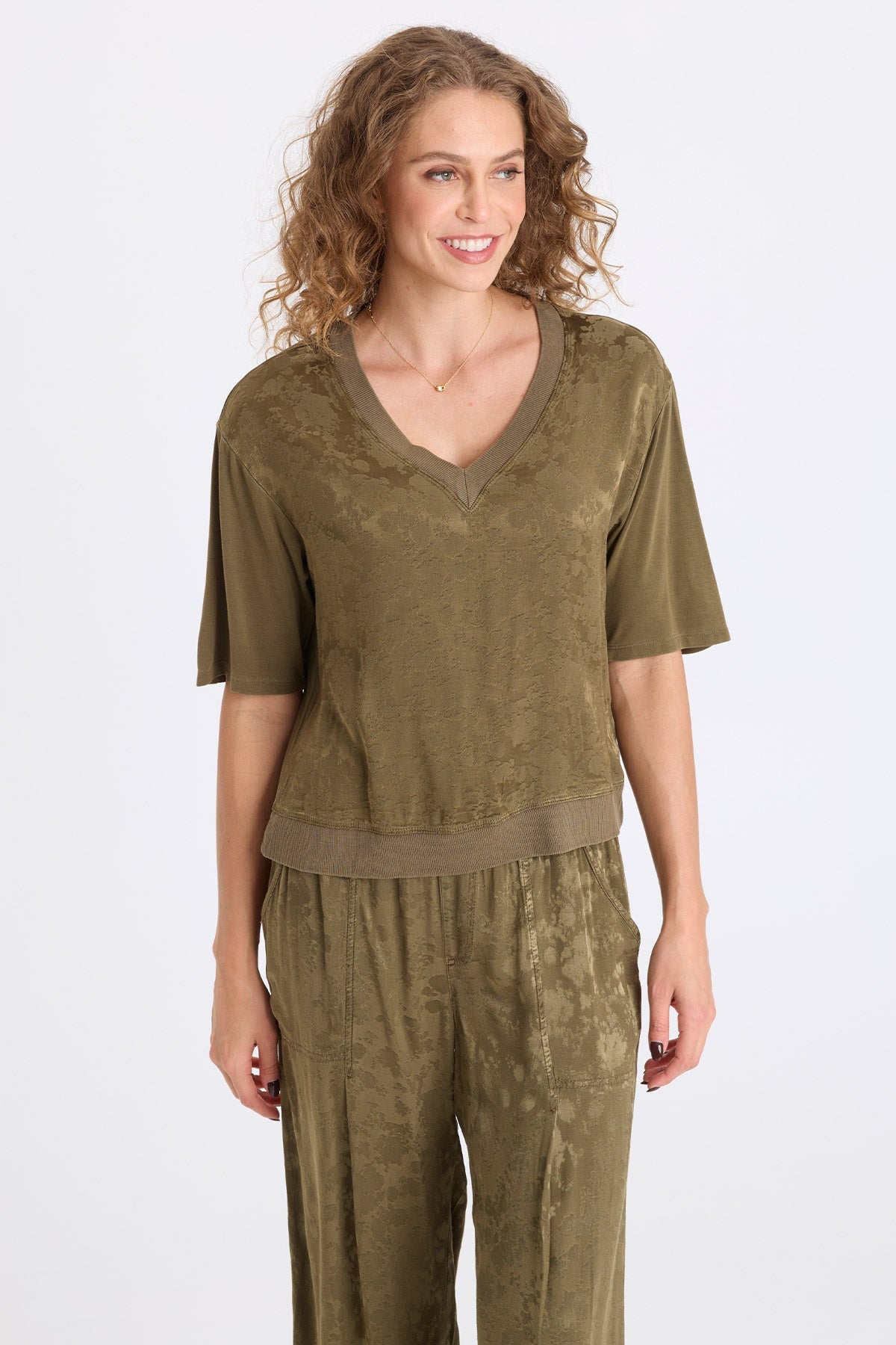 XCVI Obi Textured Satin V-Neck Tee