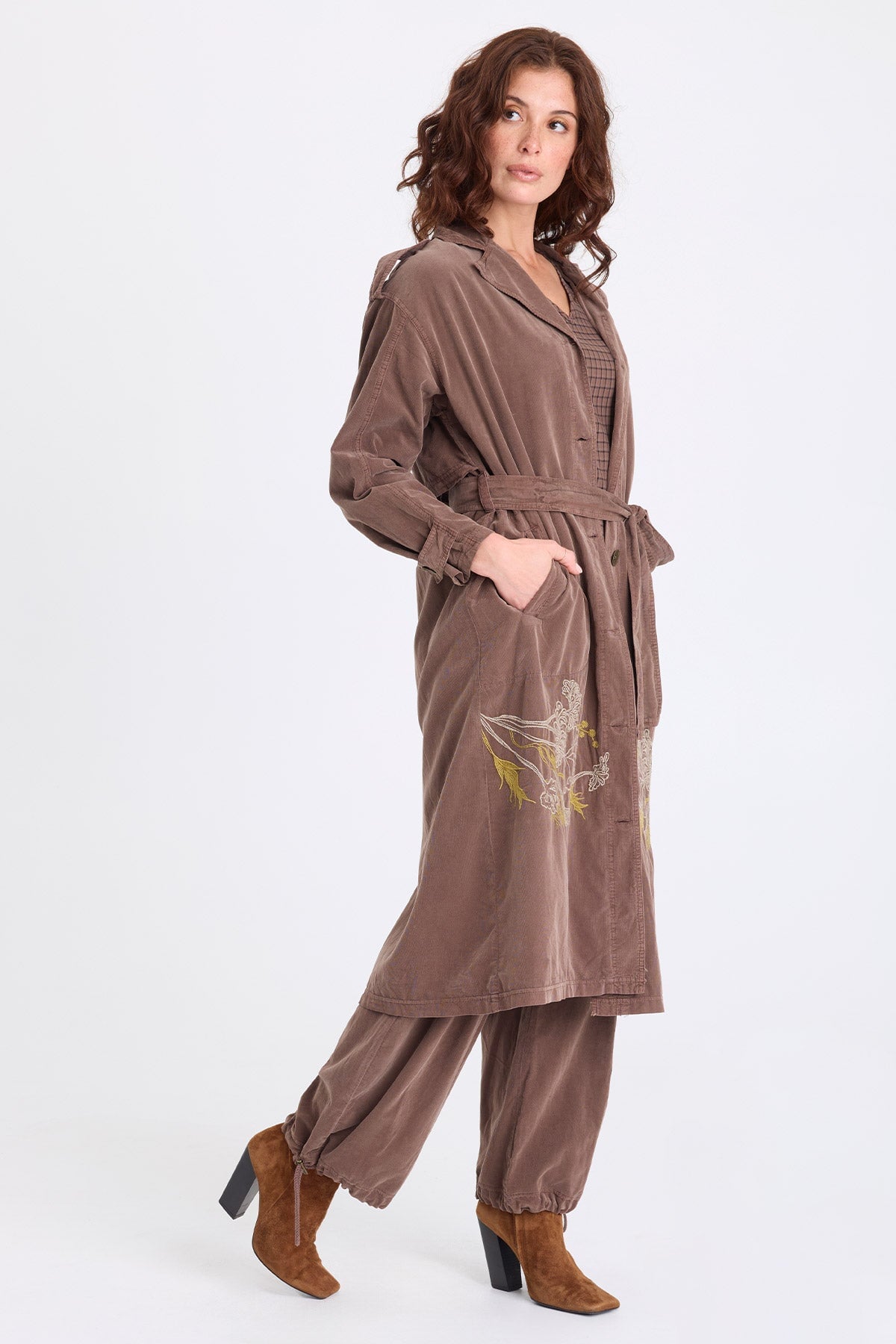 XCVI Harun Embroidered Corduroy Belted Trench
