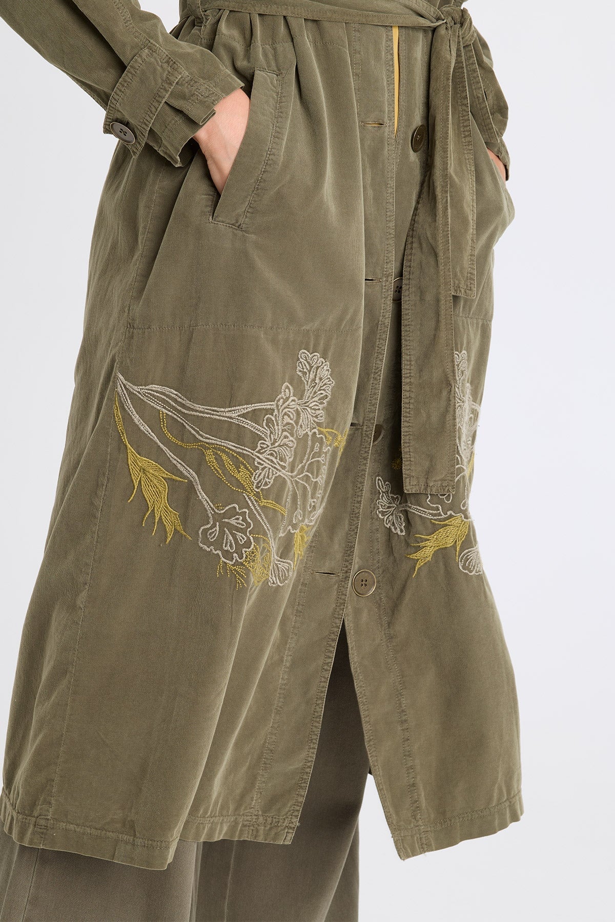 XCVI Harun Embroidered Corduroy Belted Trench