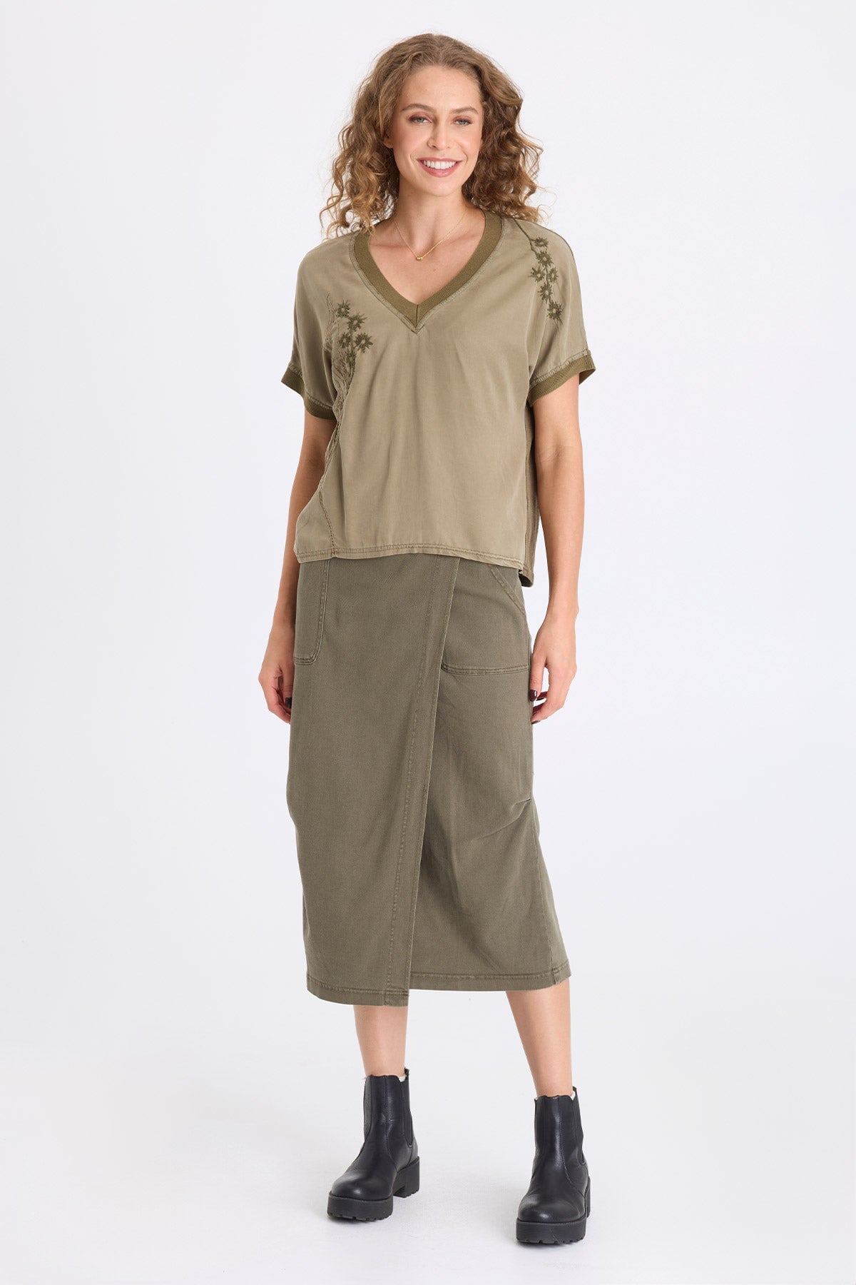 XCVI Hanno Embroidered Twill V-Neck Top