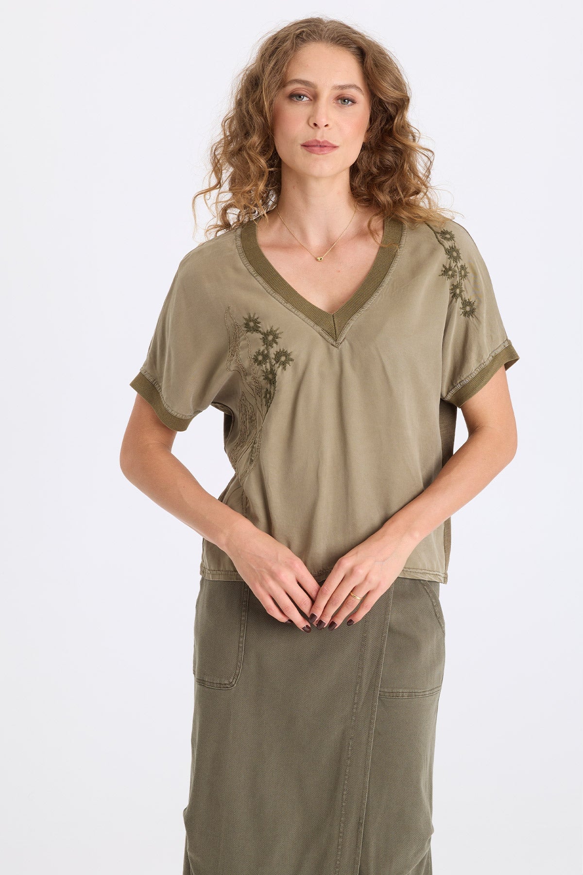 XCVI Hanno Embroidered Twill V-Neck Top