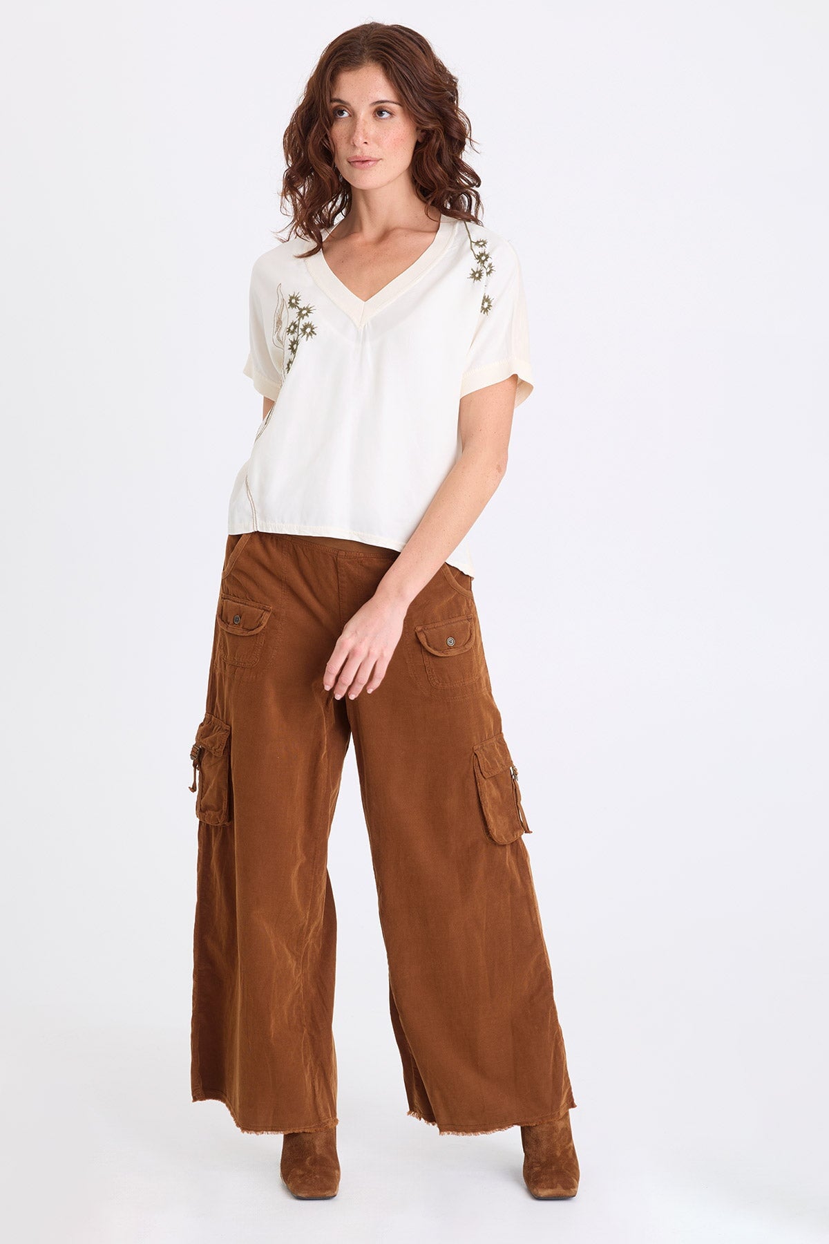 XCVI Hanno Embroidered Twill V-Neck Top