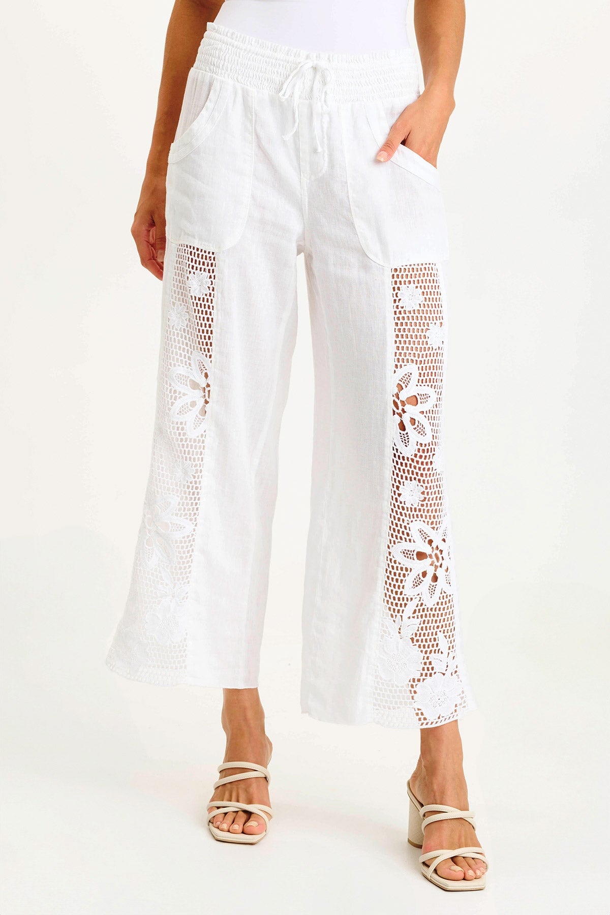 XCVI Rokel Linen/Crochet Ruched Wide Leg Pant