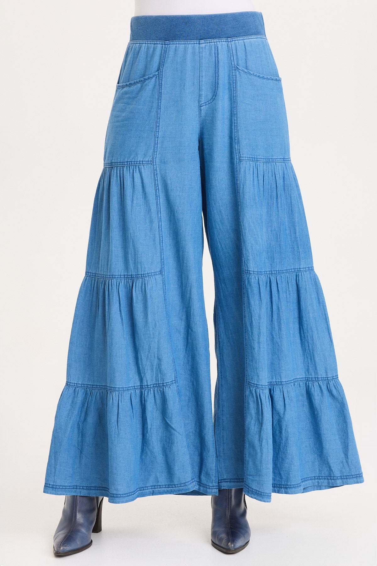XCVI Mock-Denim Side Tiered Pull-On Waist Wide Leg Dugan Pant