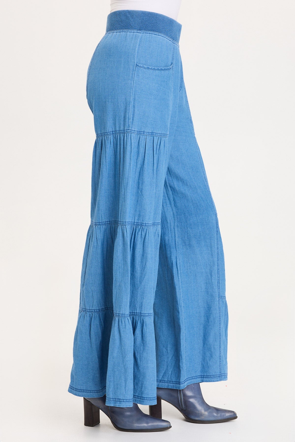 XCVI Dugan Mock-Denim Side Tiered Wide Leg Pant