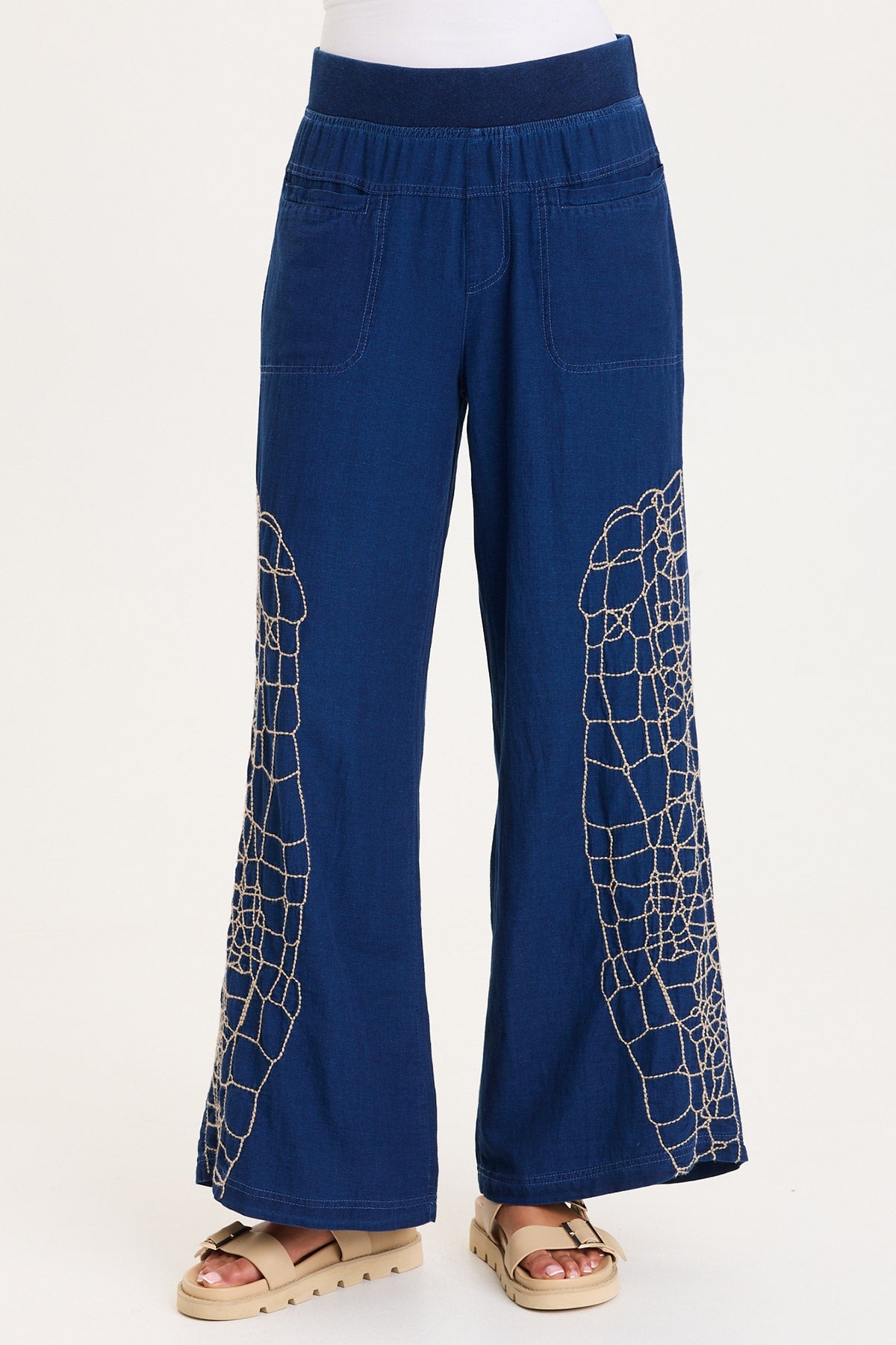 XCVI Mock-Denim Embroidered Wide-Leg Pull-On Waist Bonello Pants