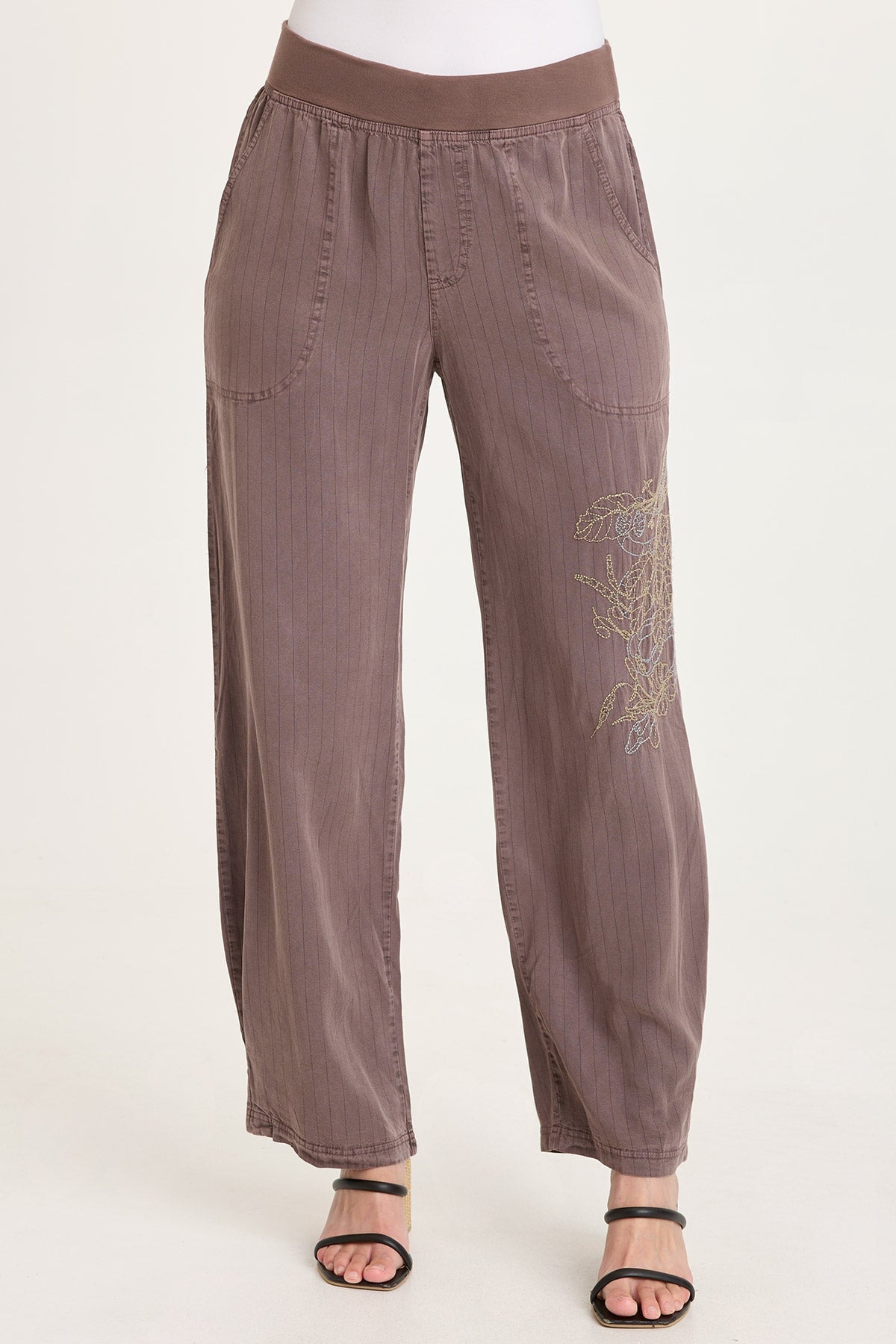 XCVI Carell Embroidered Pinstripe Twill Pleated Hem Full Leg Pant