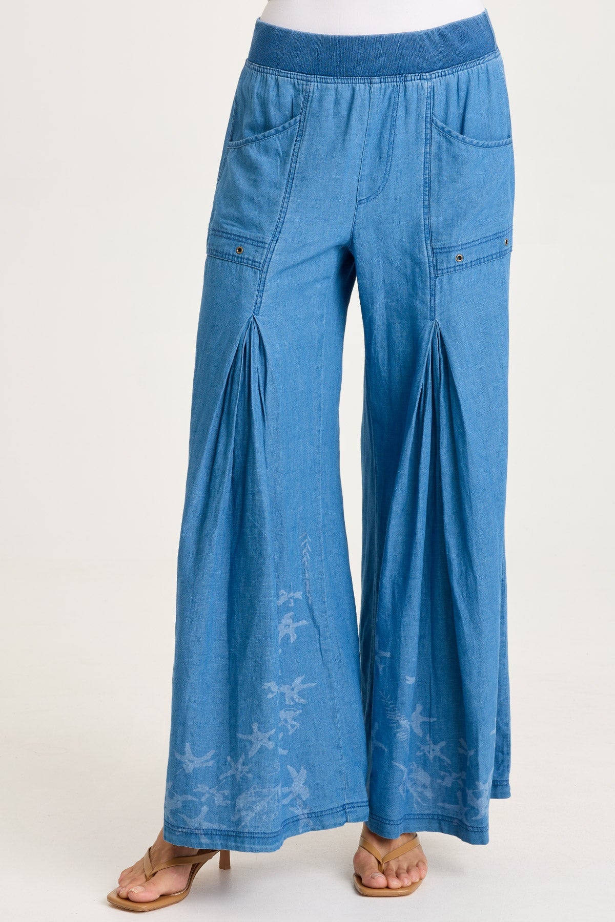 XCVI Jerona Printed Indigo Twill Double Pleated Wide-Leg Pant