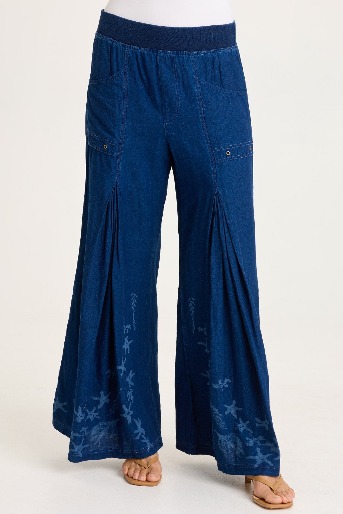 XCVI Jerona Printed Indigo Twill Double Pleated Wide-Leg Pant