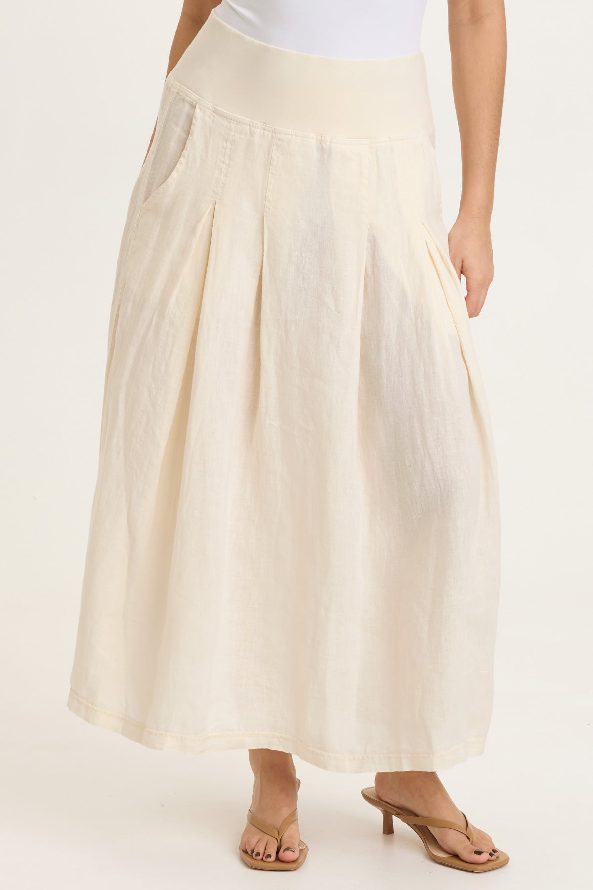 Aderyn 100% Linen Double Pleated Pull-On Waist Long Skirt