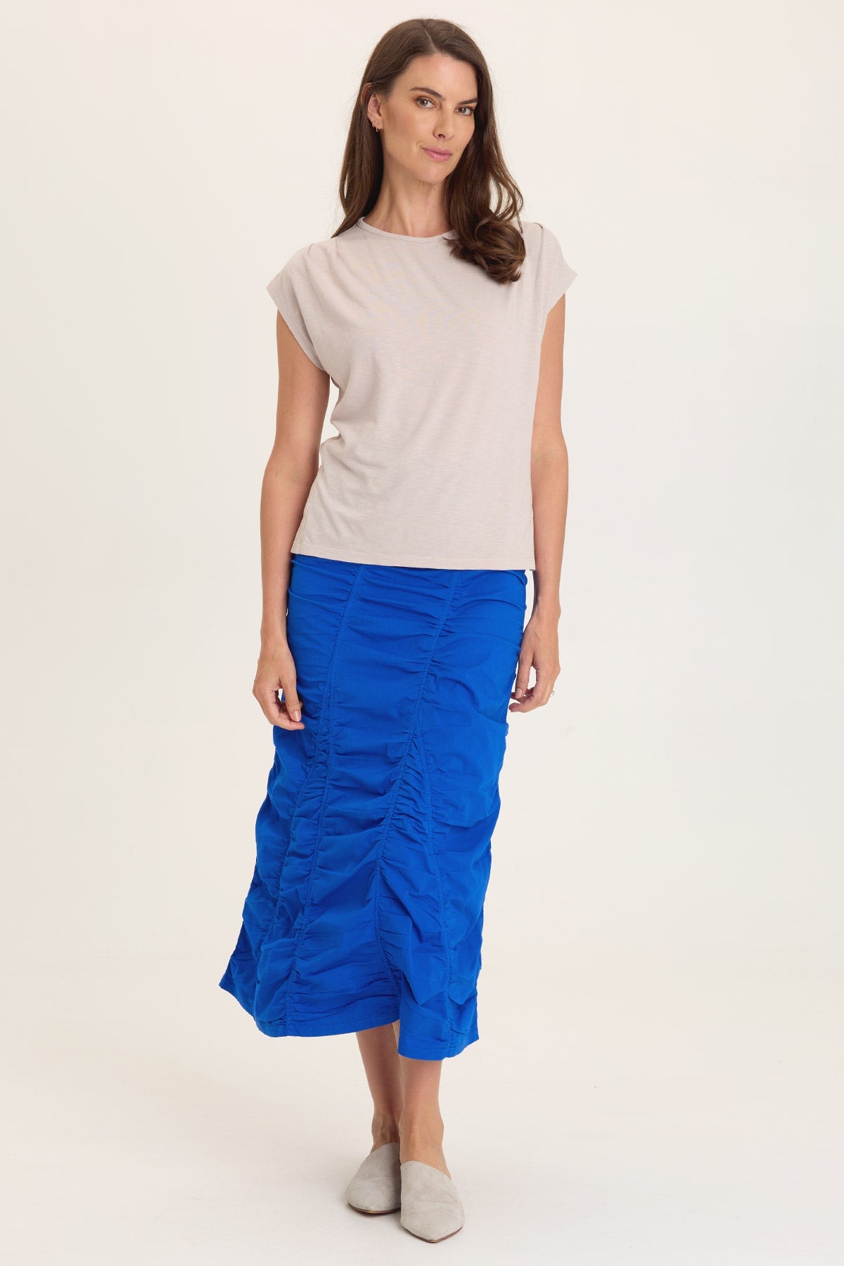 Wearables Poplin Gored Shirred Midi Skirt