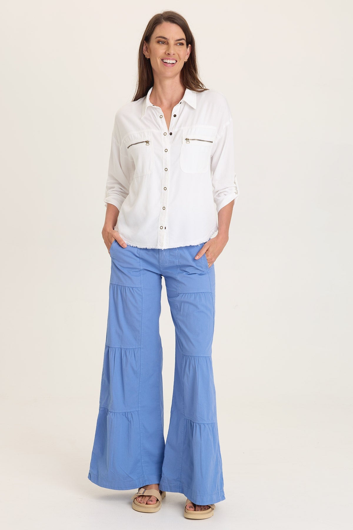 Wearables Tiered Wide Leg Drawstring Flare Ruched Pant