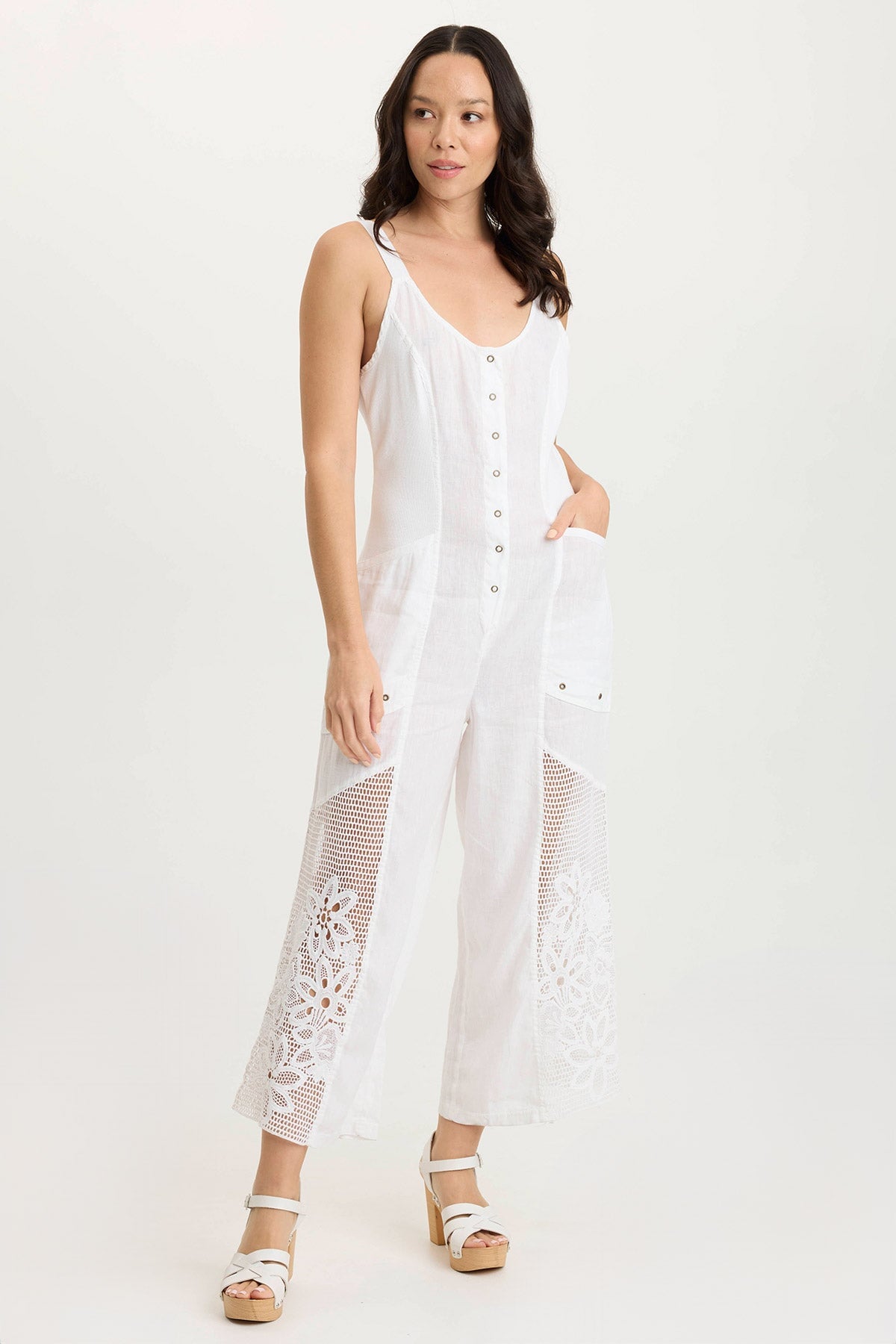 XCVI Nairi Linen/Crochet Mesh Contrast Jumpsuit