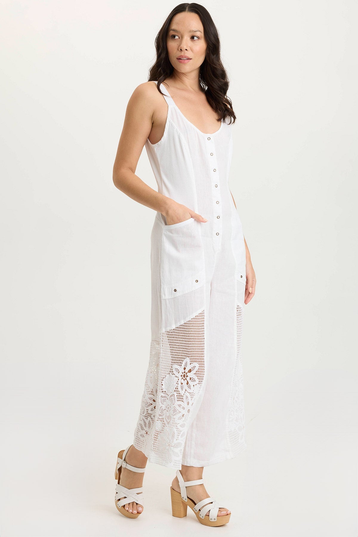 XCVI Nairi Linen/Crochet Mesh Contrast Jumpsuit