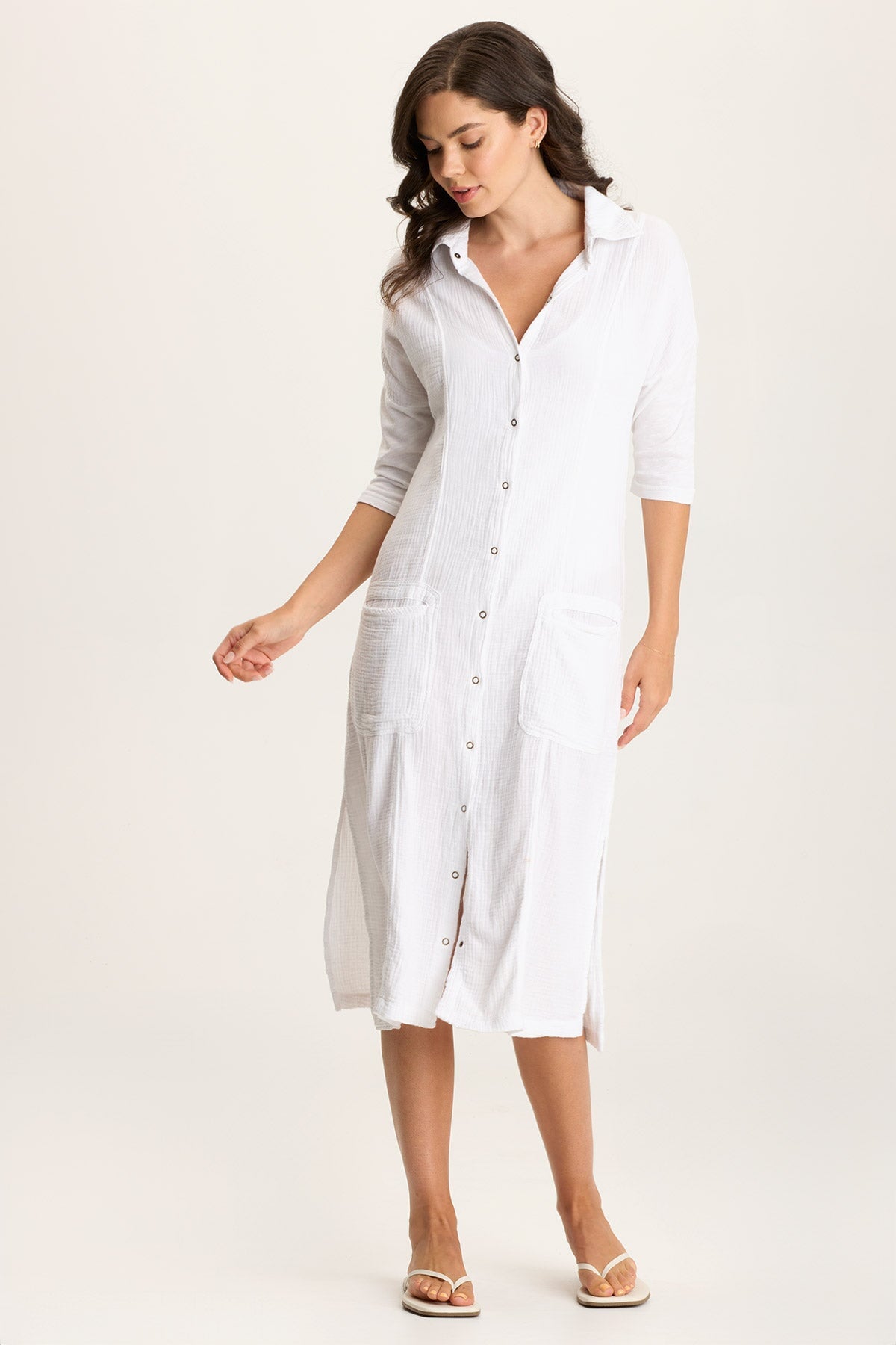 Hogue Gauze Duster Dress with Snap Front - S / White Hogue Gauze Duster Dress with Snap Front - S / White
