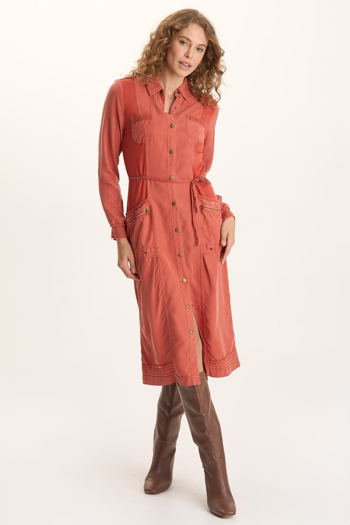 XCVI Oksana Twill/Jersey Snap-Up Midi Dress M / Papaver by XCVI XCVI Oksana Twill/Jersey Snap-Up Midi Dress M / Papaver by XCVI