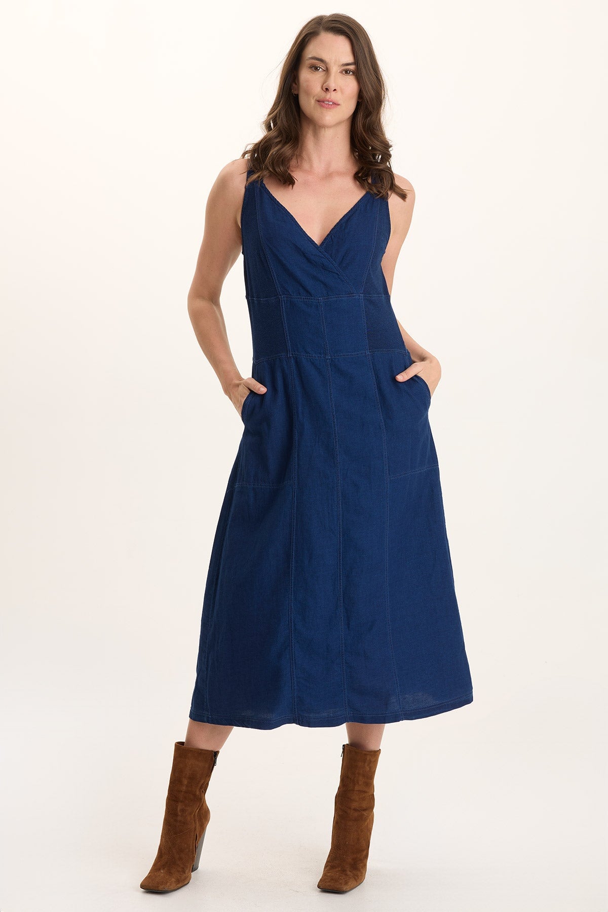 XCVI Lyall Mock-Denim Indigo Twill Midi Tank Dress