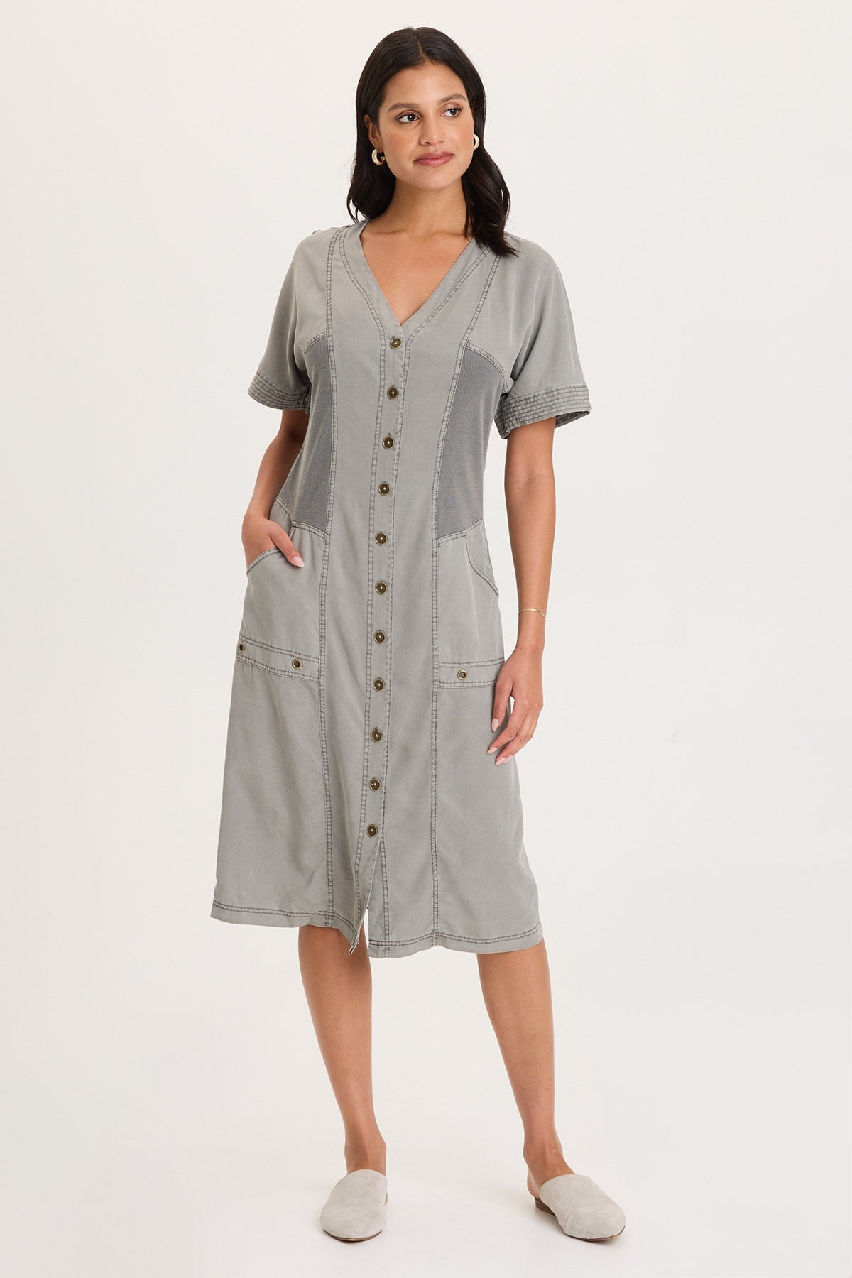 XCVI Addair Button-Up Short Sleeve Twill Dress
