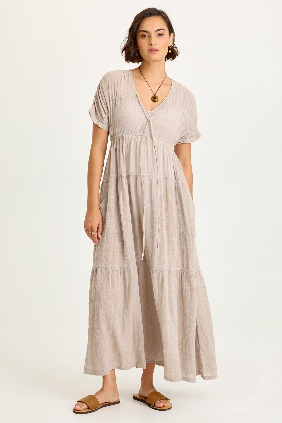Wearables Ignatz Cotton Gauze Tiered V-Neck Short Sleeve Maxi Dress Wearables Ignatz Cotton Gauze Tiered V-Neck Short Sleeve Maxi Dress