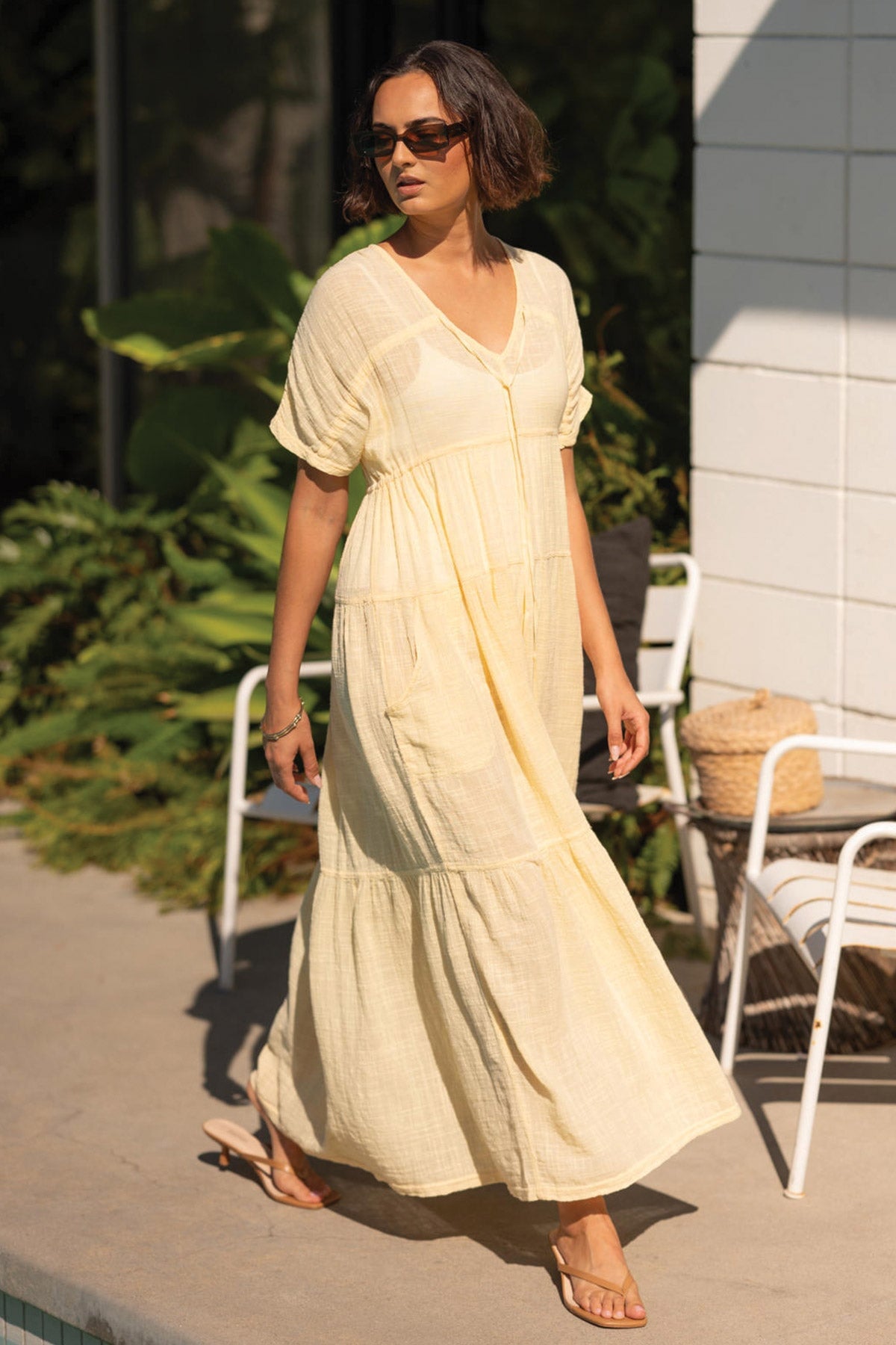 Wearables Ignatz Cotton Gauze Tiered V-Neck Short Sleeve Maxi Dress