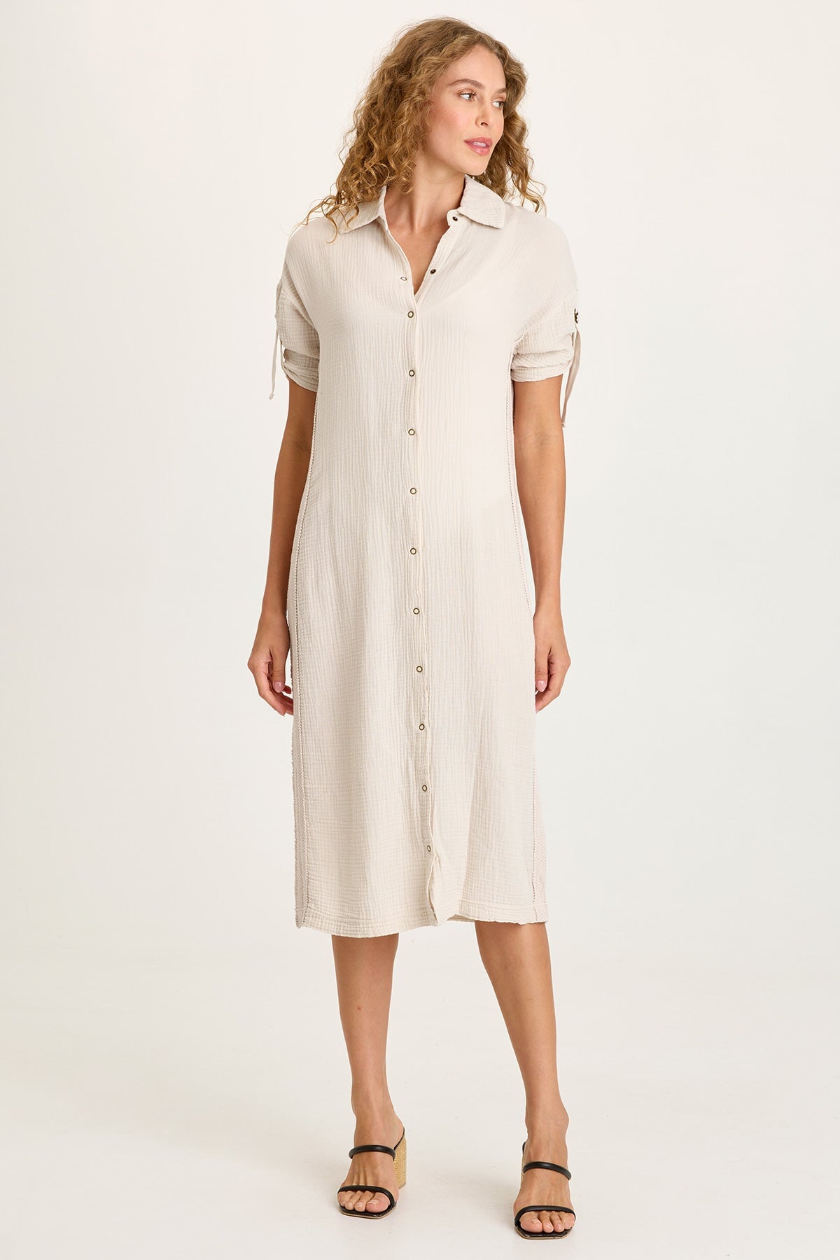 XCVI Cantori Gauze Ladder Lace Trim Long Line Button-Up Dress with