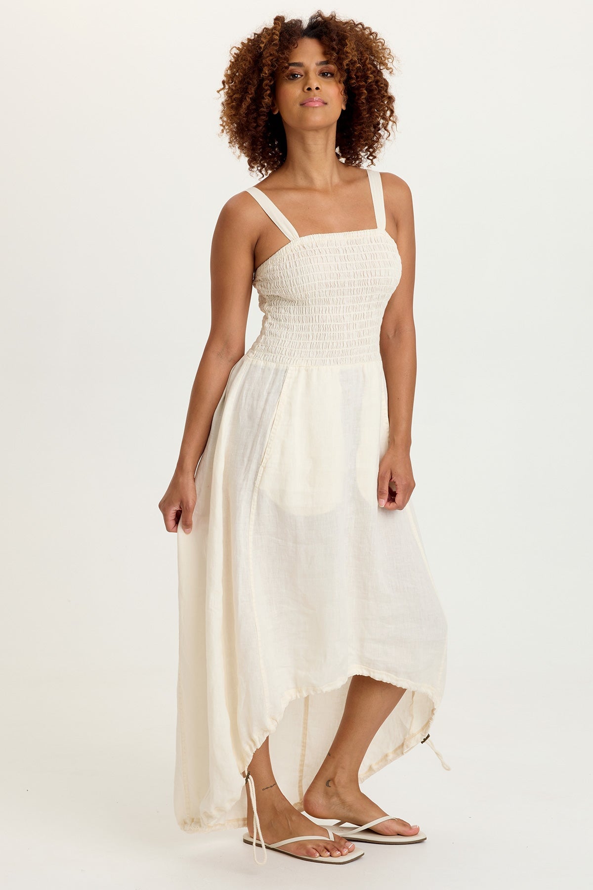 Neisha 100% Linen Smocked Bodice Adjustable High-Low Silhouette Sleeveless Dress Neisha 100% Linen Smocked Bodice Adjustable High-Low Silhouette Sleeveless Dress