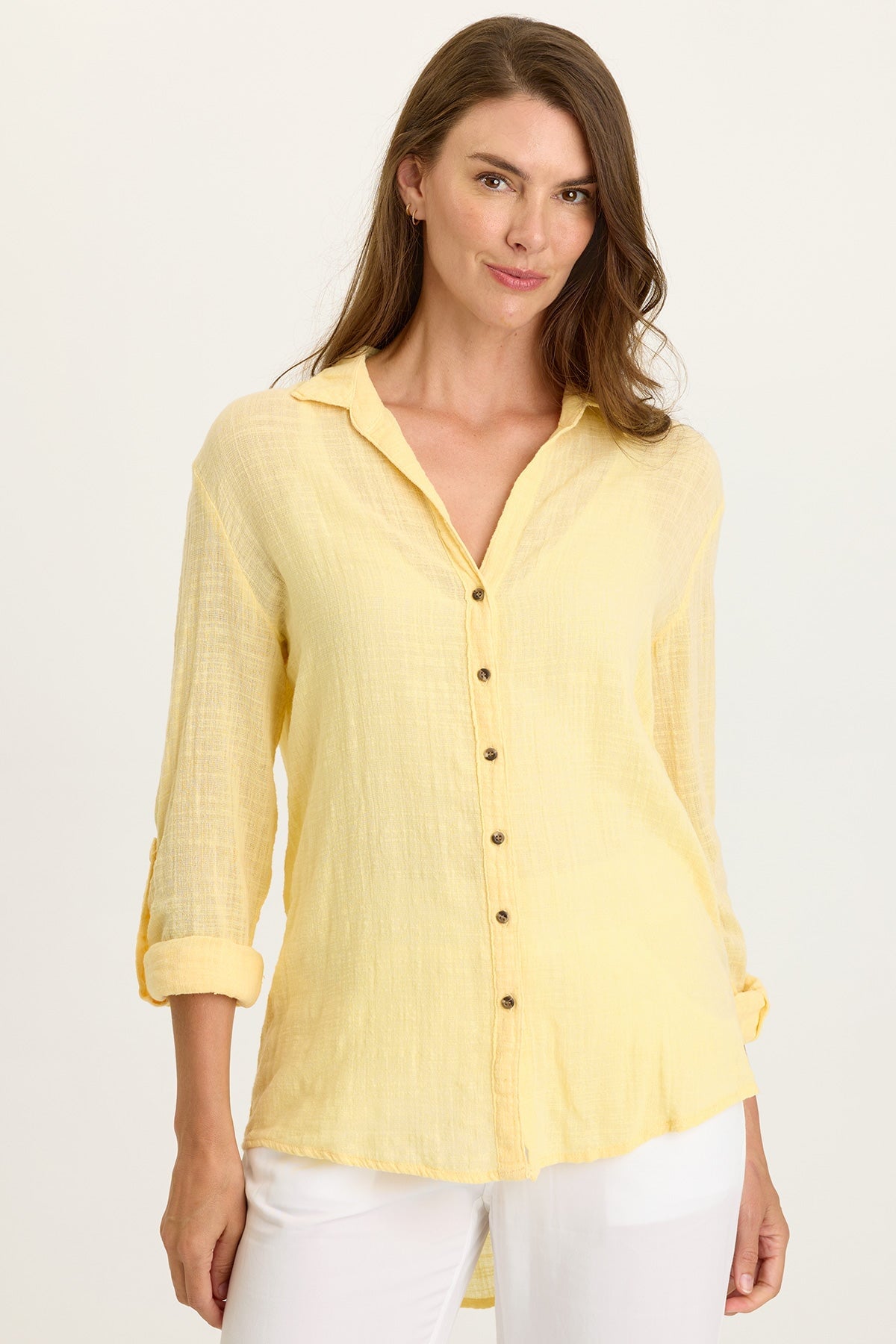 Wearables Porter Gauze Curved Hem Button-Up Top 