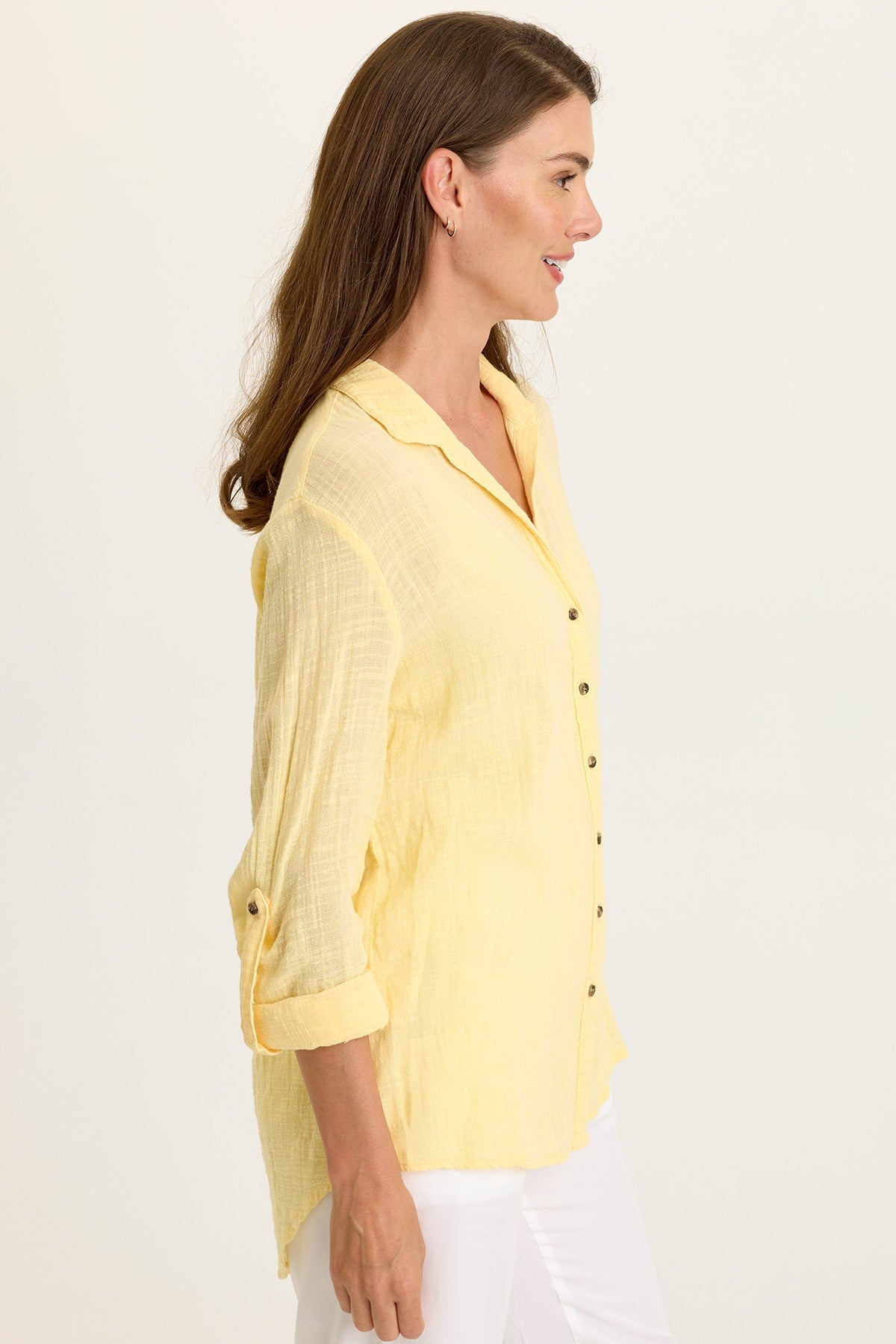 Wearables Porter Gauze Curved Hem Button-Up Top 