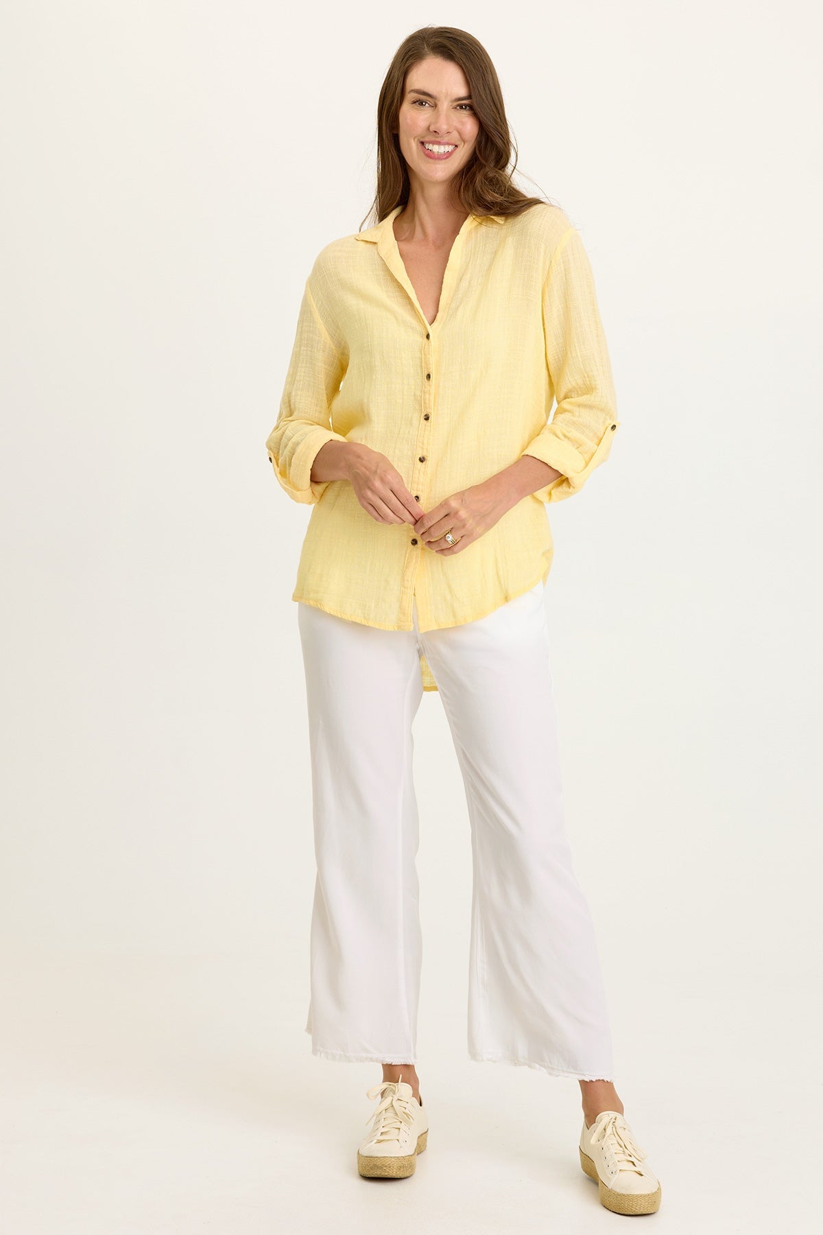 Wearables Porter Gauze Curved Hem Button-Up Top 