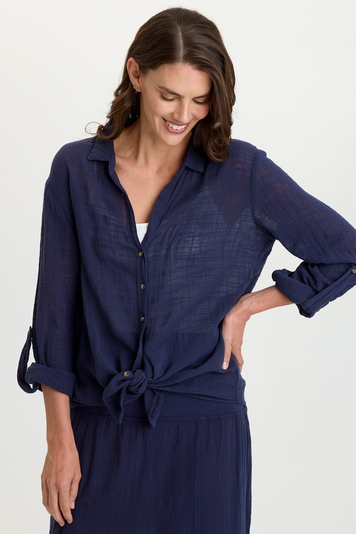 Wearables Porter Gauze Curved Hem Button-Up Top 