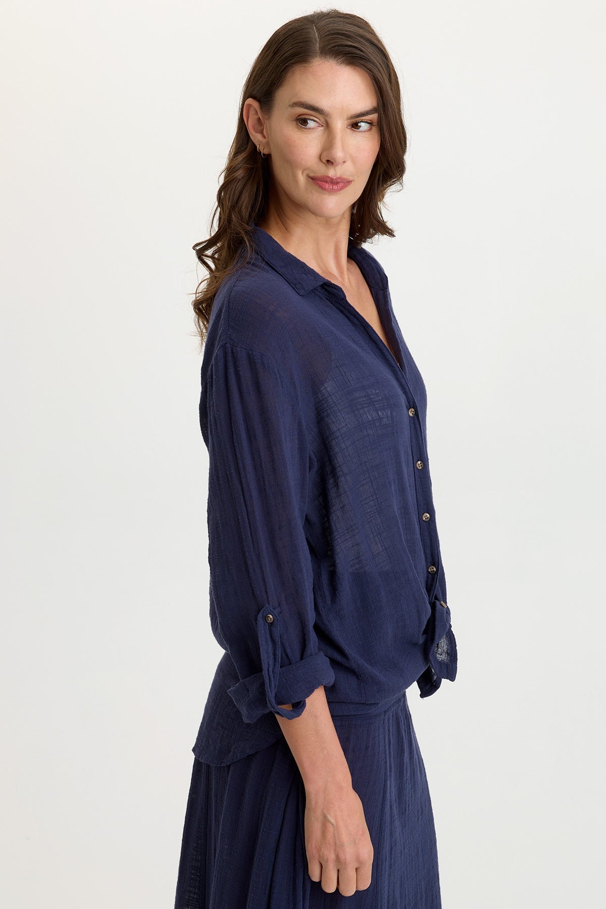 Wearables Porter Gauze Curved Hem Button-Up Top 