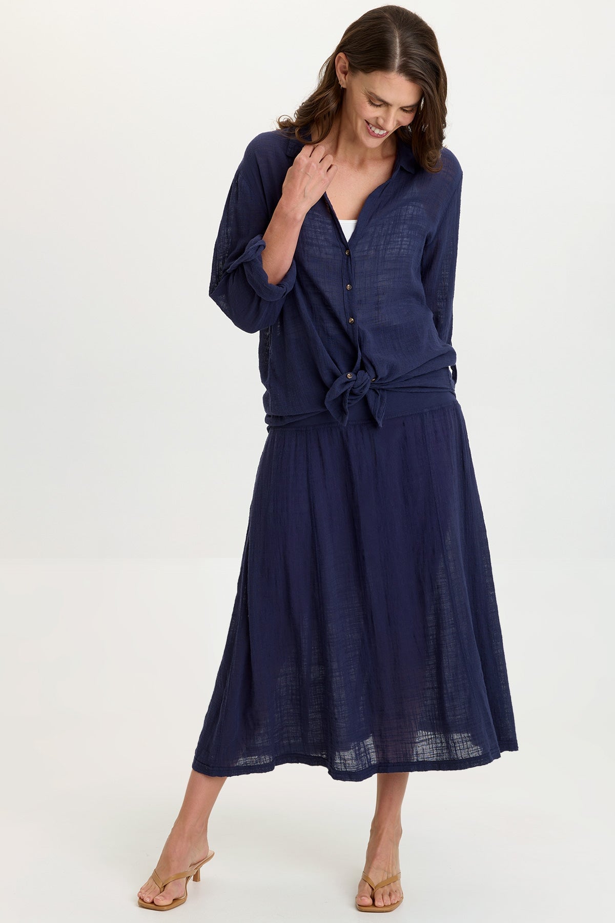 Wearables Porter Gauze Curved Hem Button-Up Top 