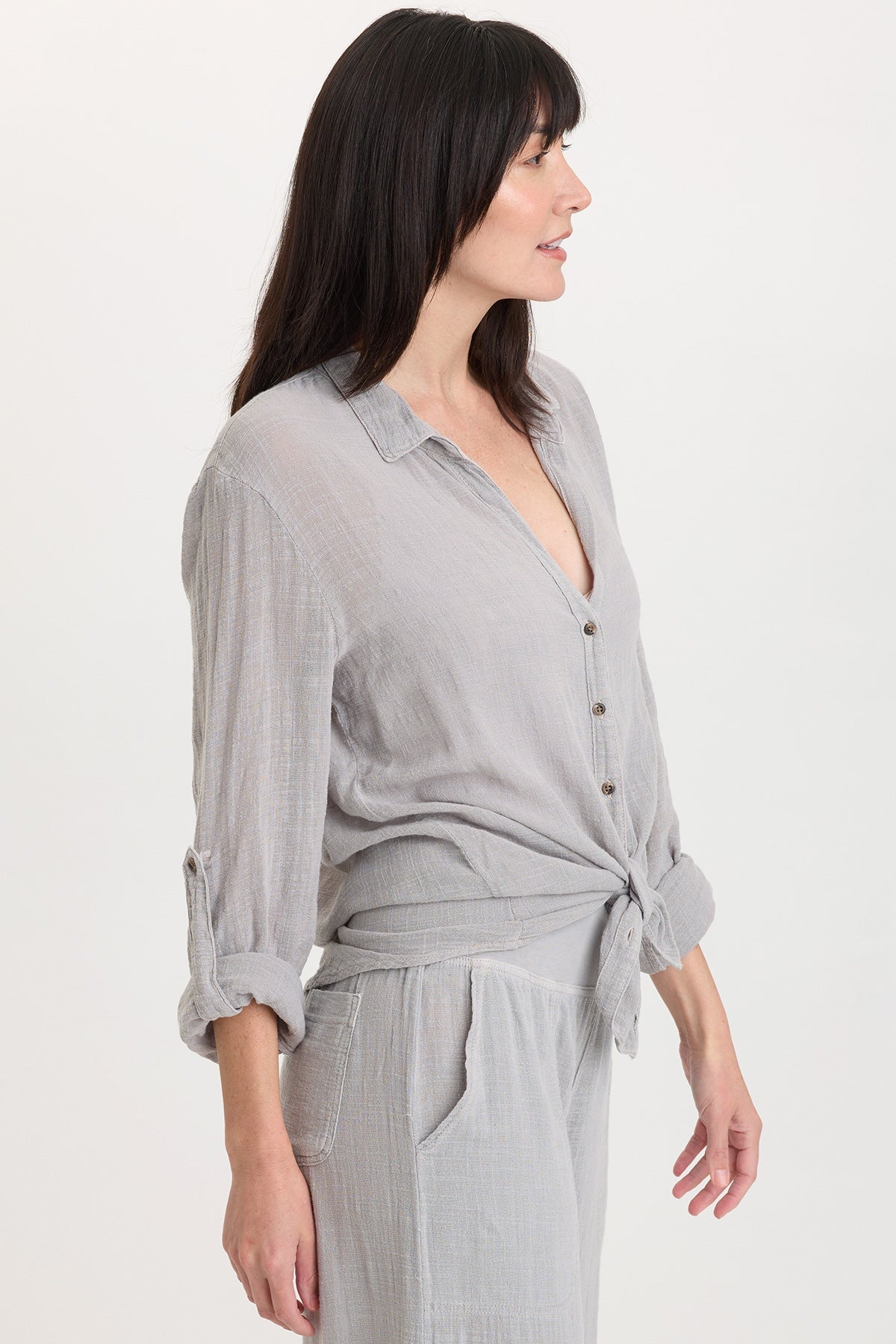 Wearables Porter Gauze Curved Hem Button-Up Top 